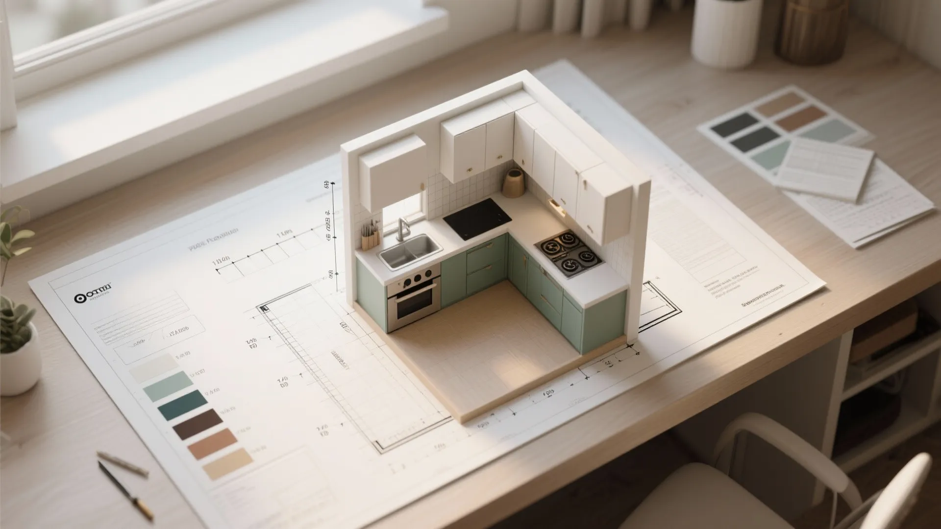 Top-down view of a small kitchen planning layout with color blocks and measurements