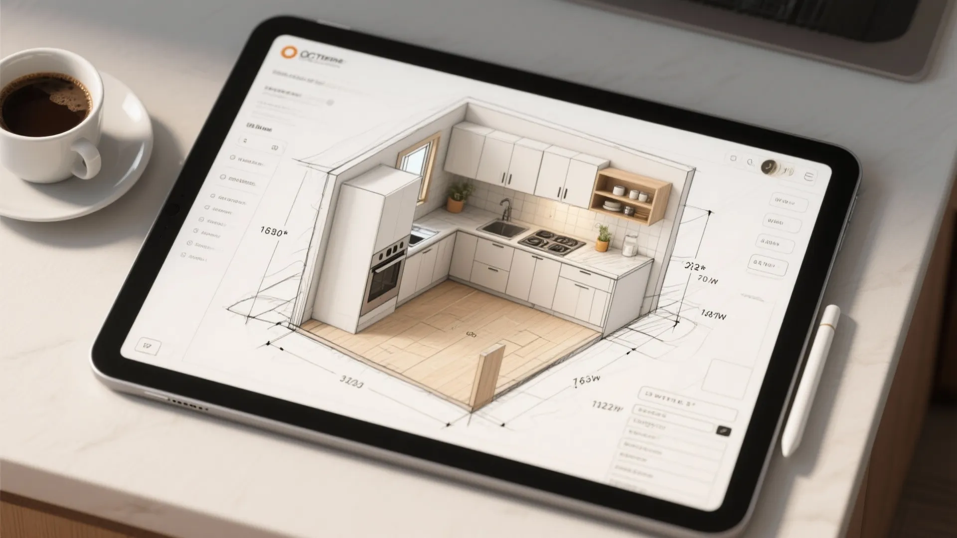 Top-down view of a kitchen layout planner with sightlines and measurements.