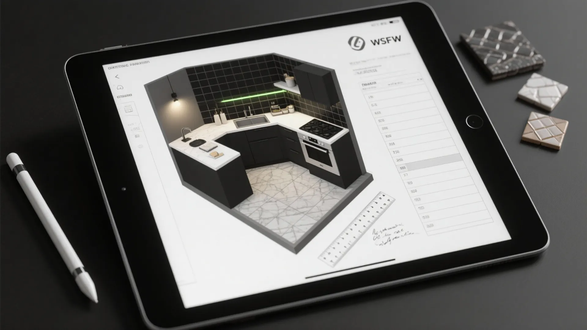 Top-down image of a kitchen layout planner highlighting a black backsplash area with tile samples.