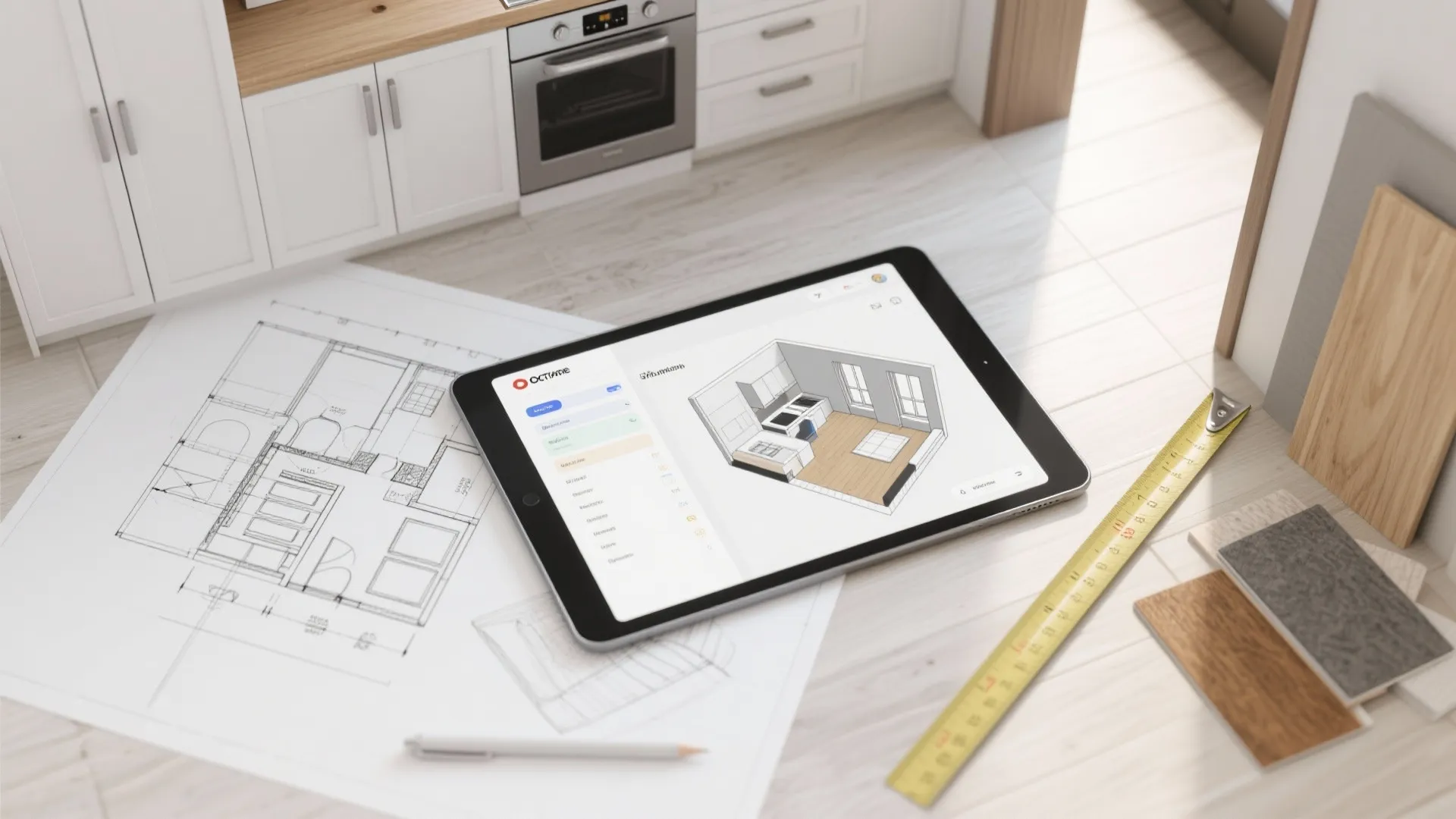 Digital tablet showing 3D room layout on top of paper floor plan with yellow ruler