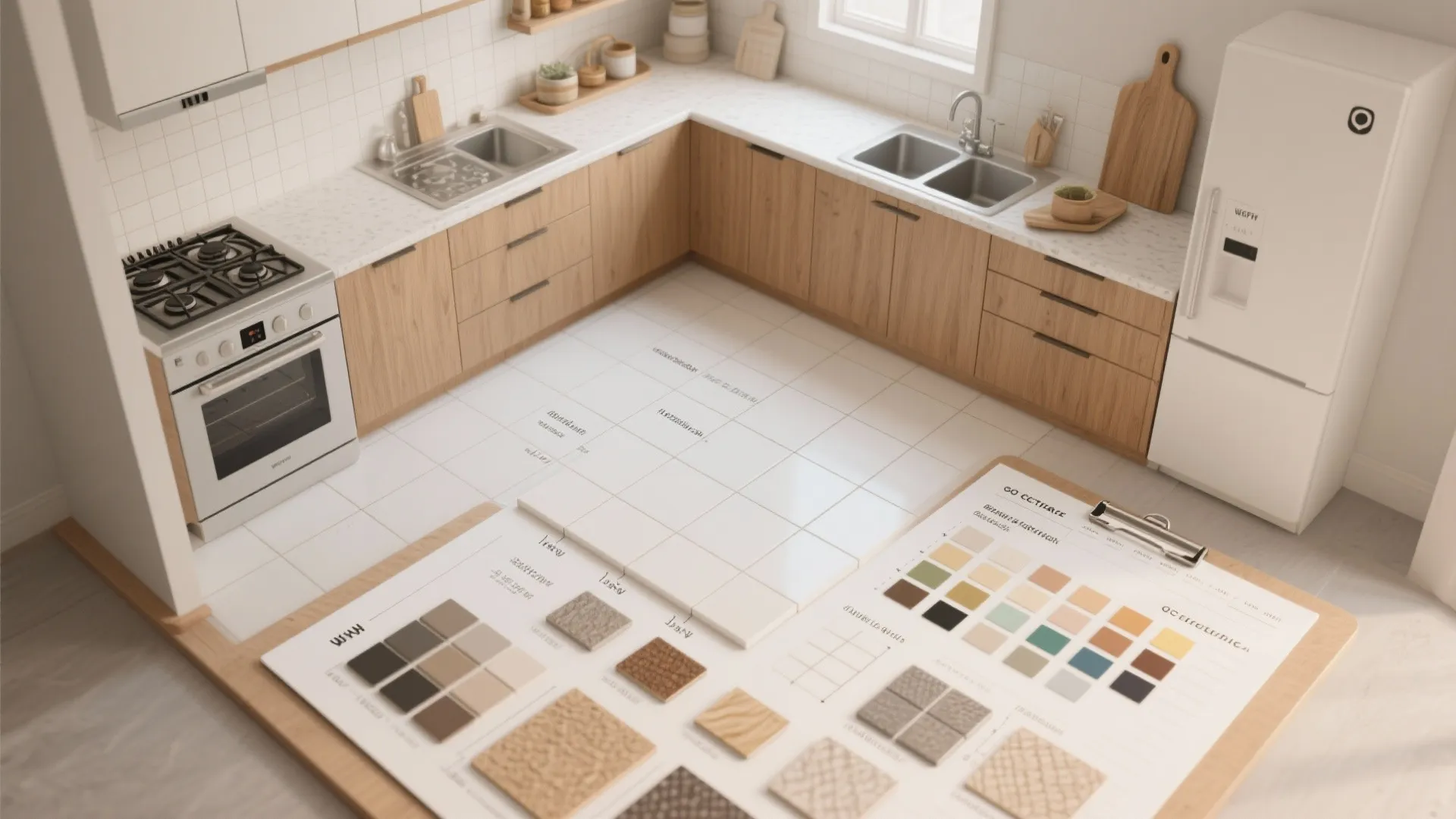 Top down view of kitchen layout with wooden cabinets and various interior design color samples