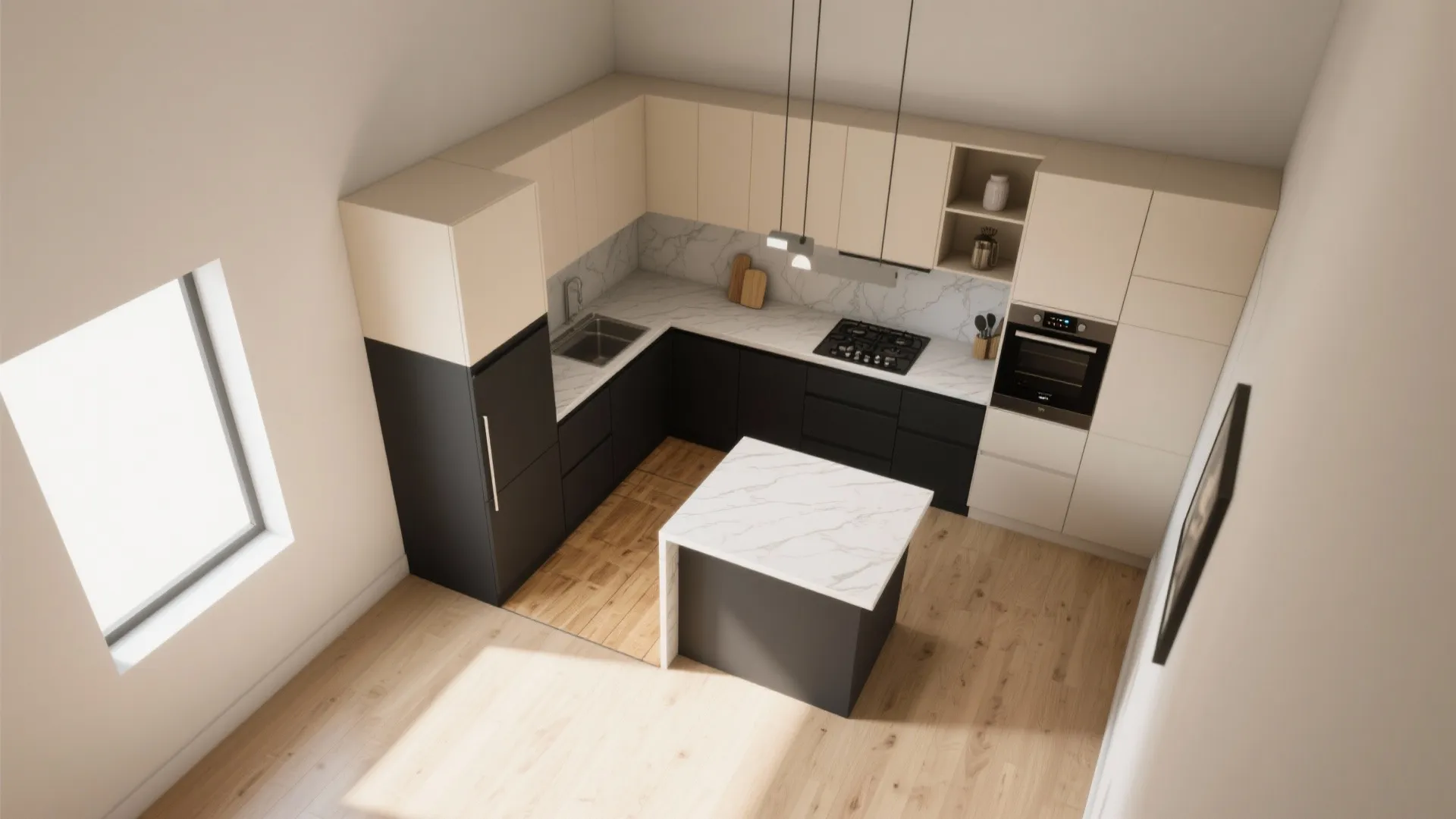 Top-down 3D visualization of a small black and beige kitchen layout for planning