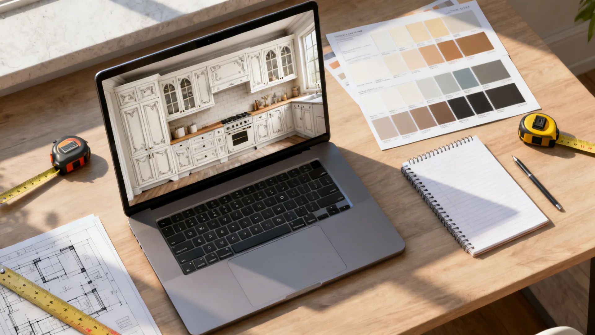 Top-down view of a laptop running a kitchen planner with paint swatches and tools for layout testing