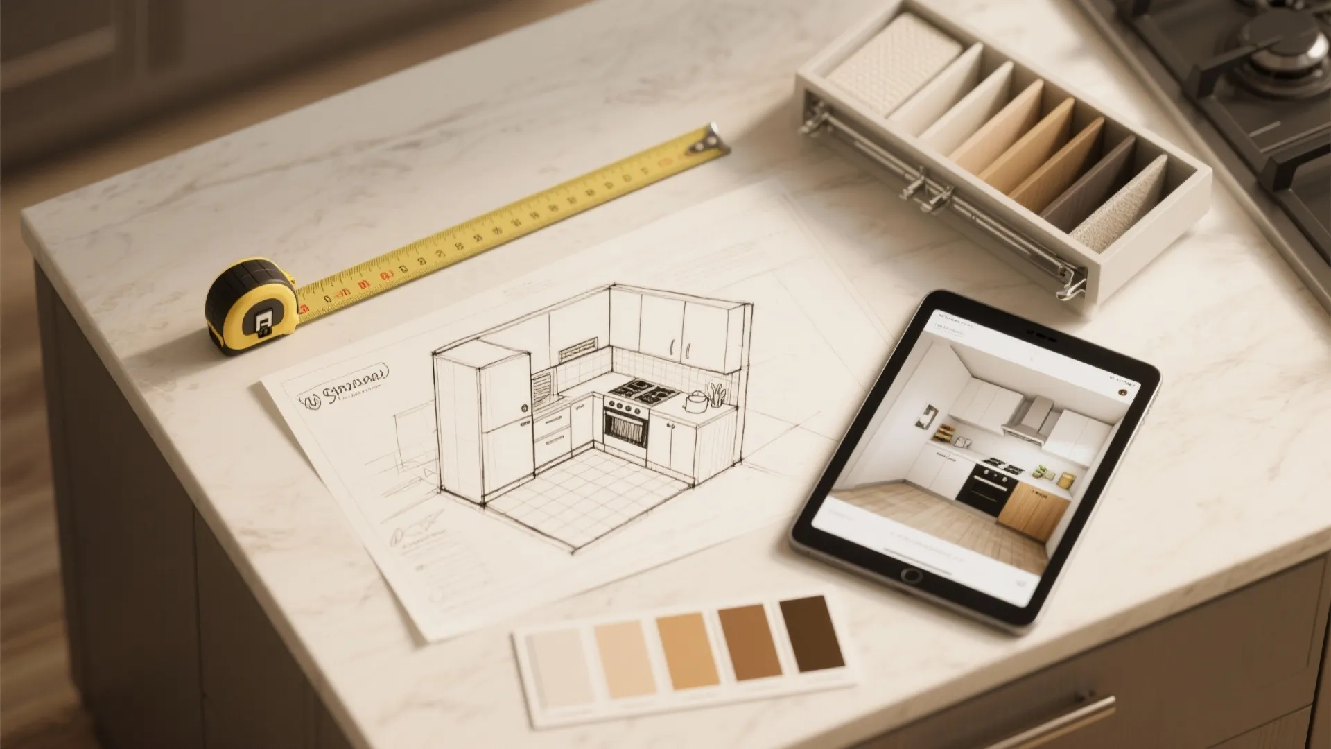 Kitchen interior design drawing on table with tape measure tablet and color palette for planning