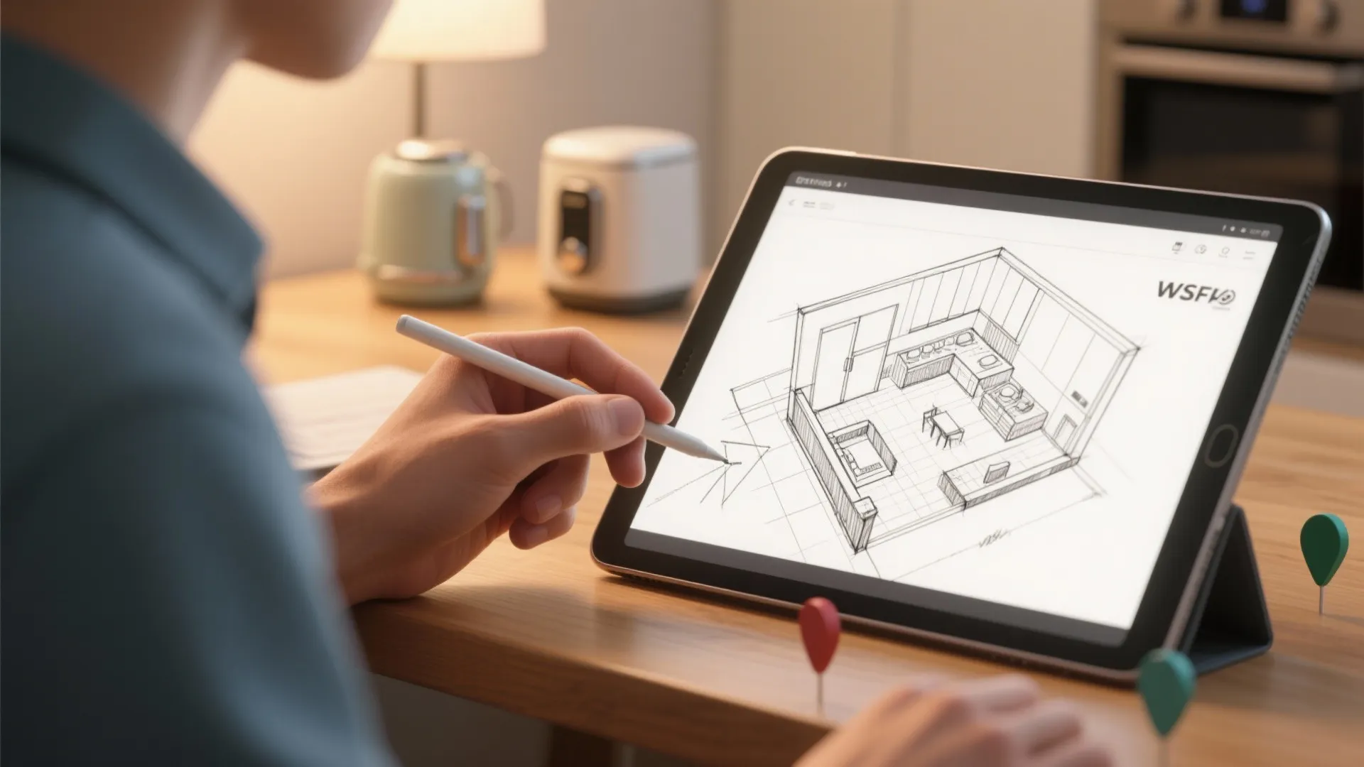 Hand sketching kitchen layout beside a tablet with a 3D floor planner and appliance markers.