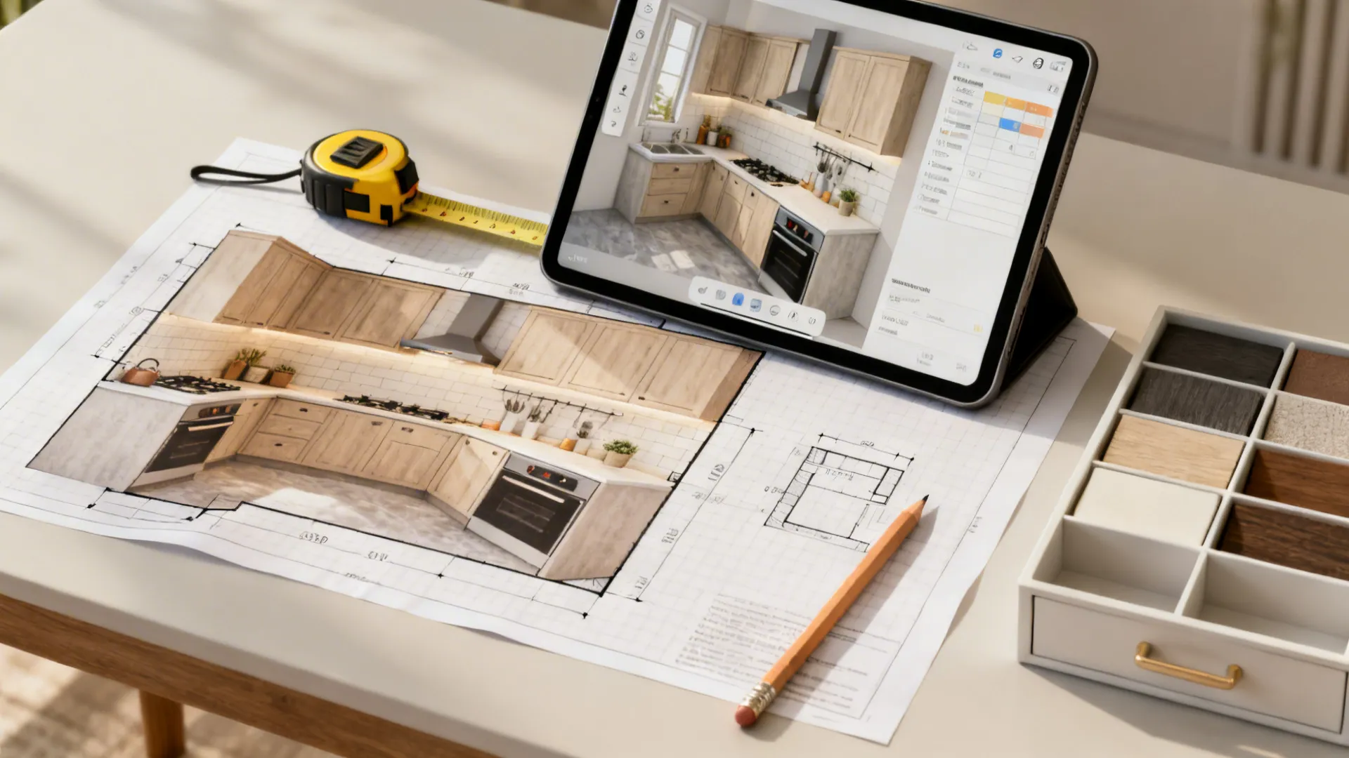 Top-down mockup of a small kitchen layout with a tablet, measuring tape and organizer samples.