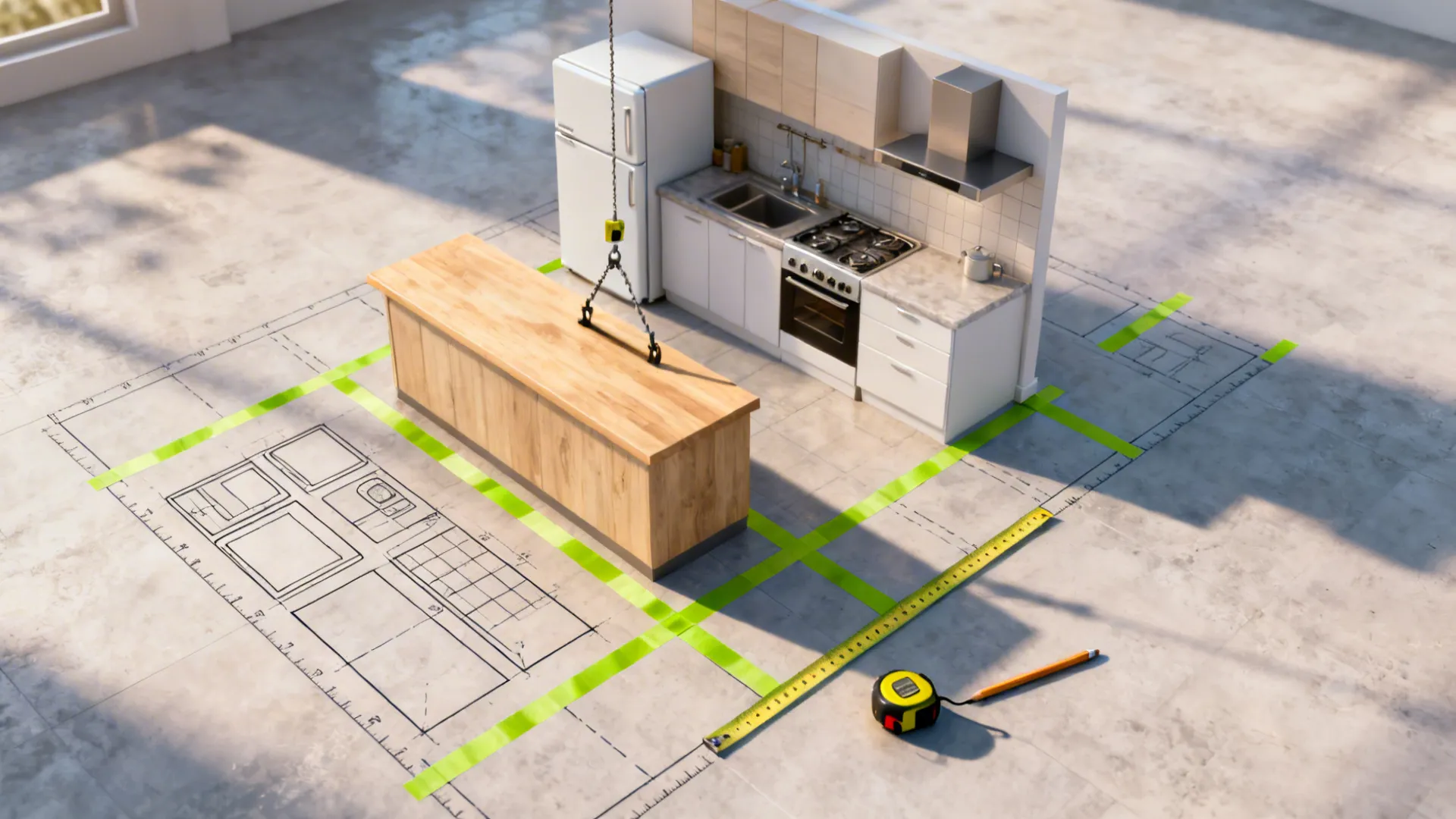 Interior design drawing showing kitchen layout with island cabinets fridge stove and a yellow measuring tape