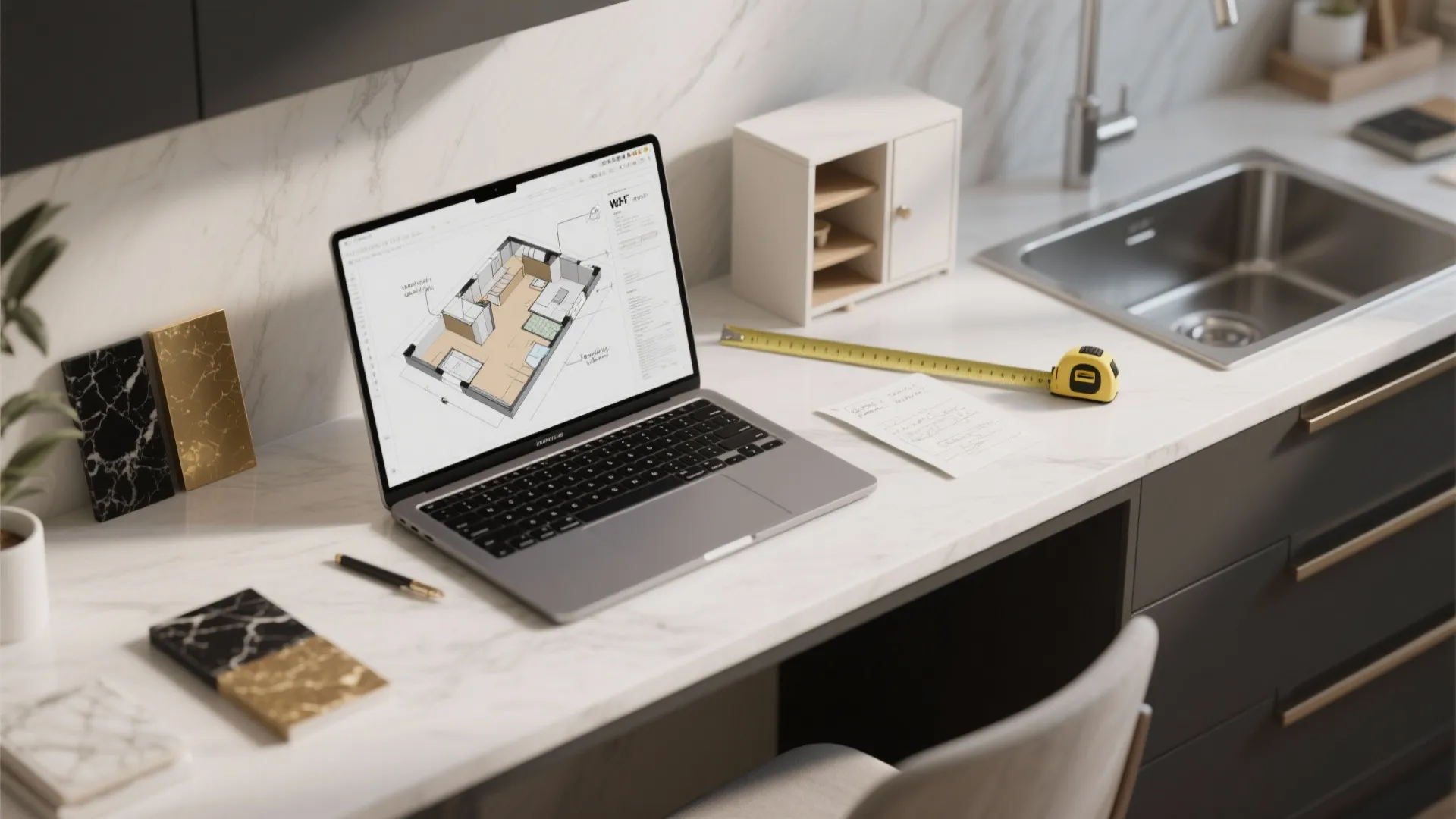 Laptop showing 3D house layout on white marble desk with measuring tape and small cabinet