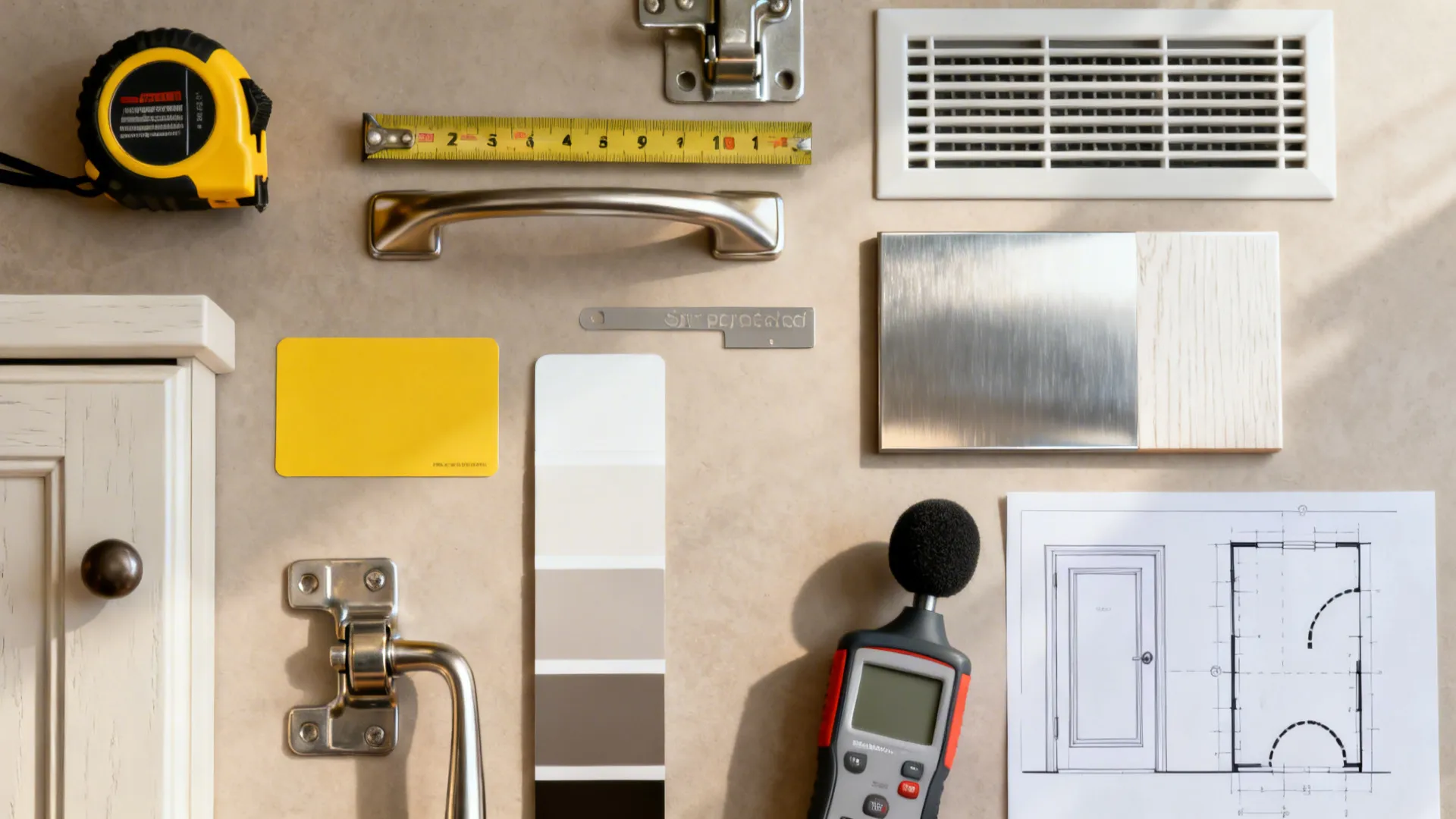 Top-down flat lay of kitchen planning tools, material swatches, and a floor plan with door arcs.