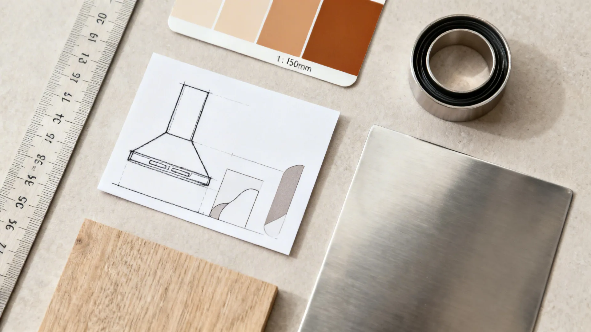 Flat lay of planning tools, finish samples, and hood height sketches for kitchen design.