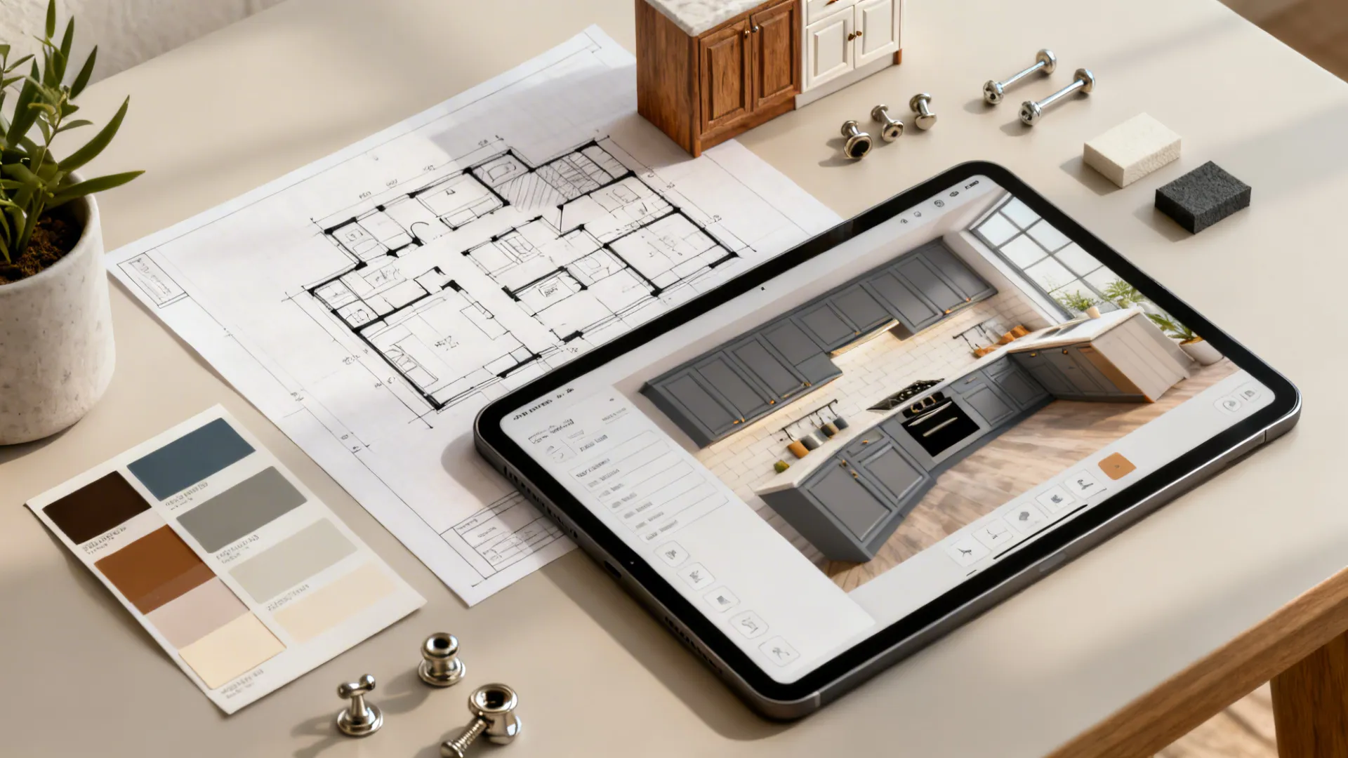 Flatlay of small kitchen planning tools: sketches, swatches, hardware samples and a tablet with a layout planner.