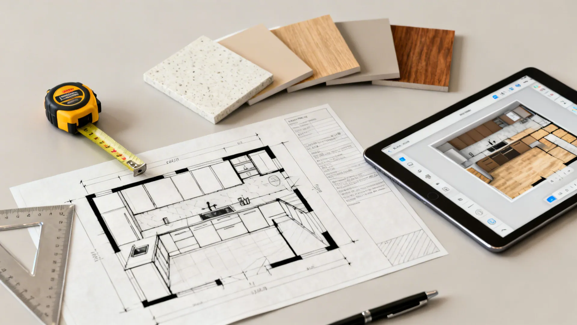 Flatlay of kitchen planning tools: floor plan sketch, material samples, tape measure and tablet with 3D planner.