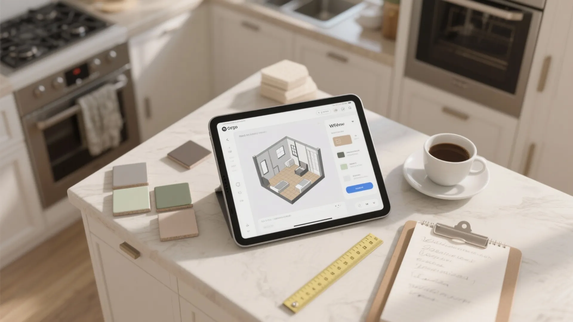 Tablet displaying room interior design drawing on kitchen counter with coffee cup and color tiles