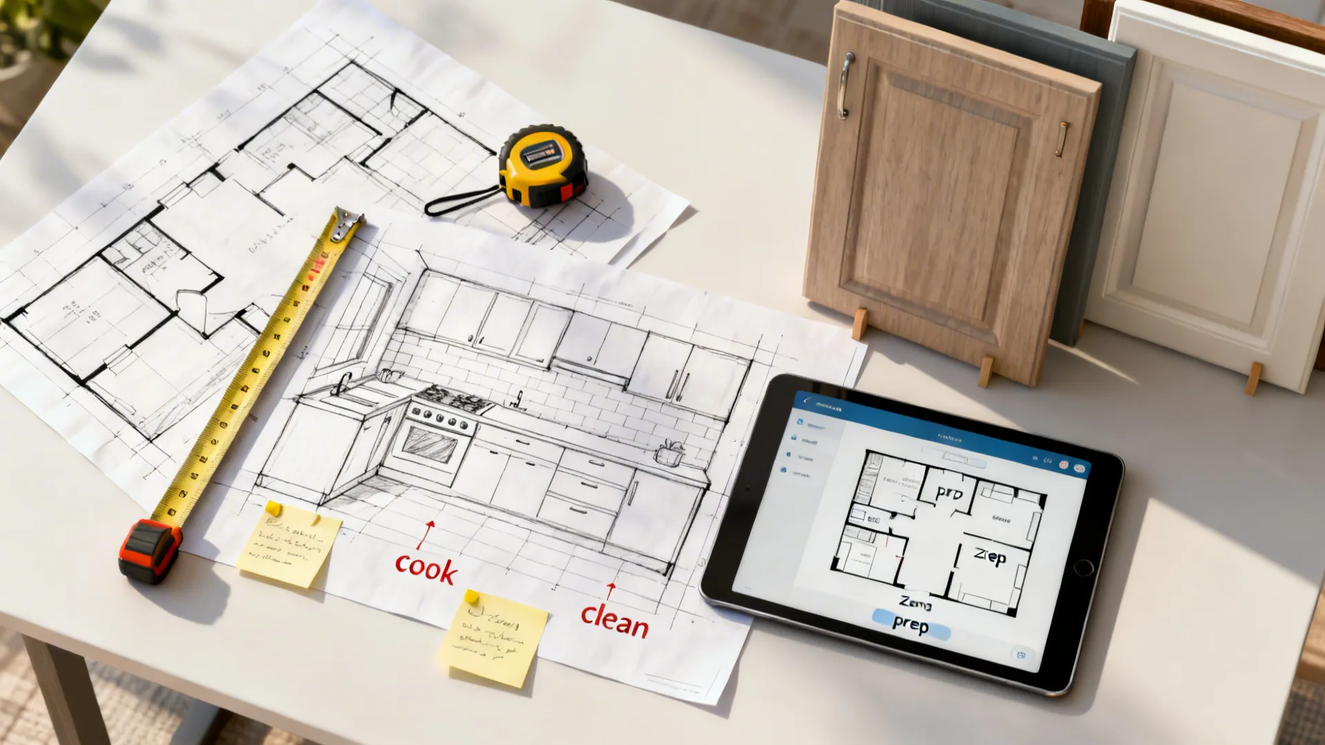 Top-down planning setup with sketches, tablet floor planner and samples for small kitchen layout