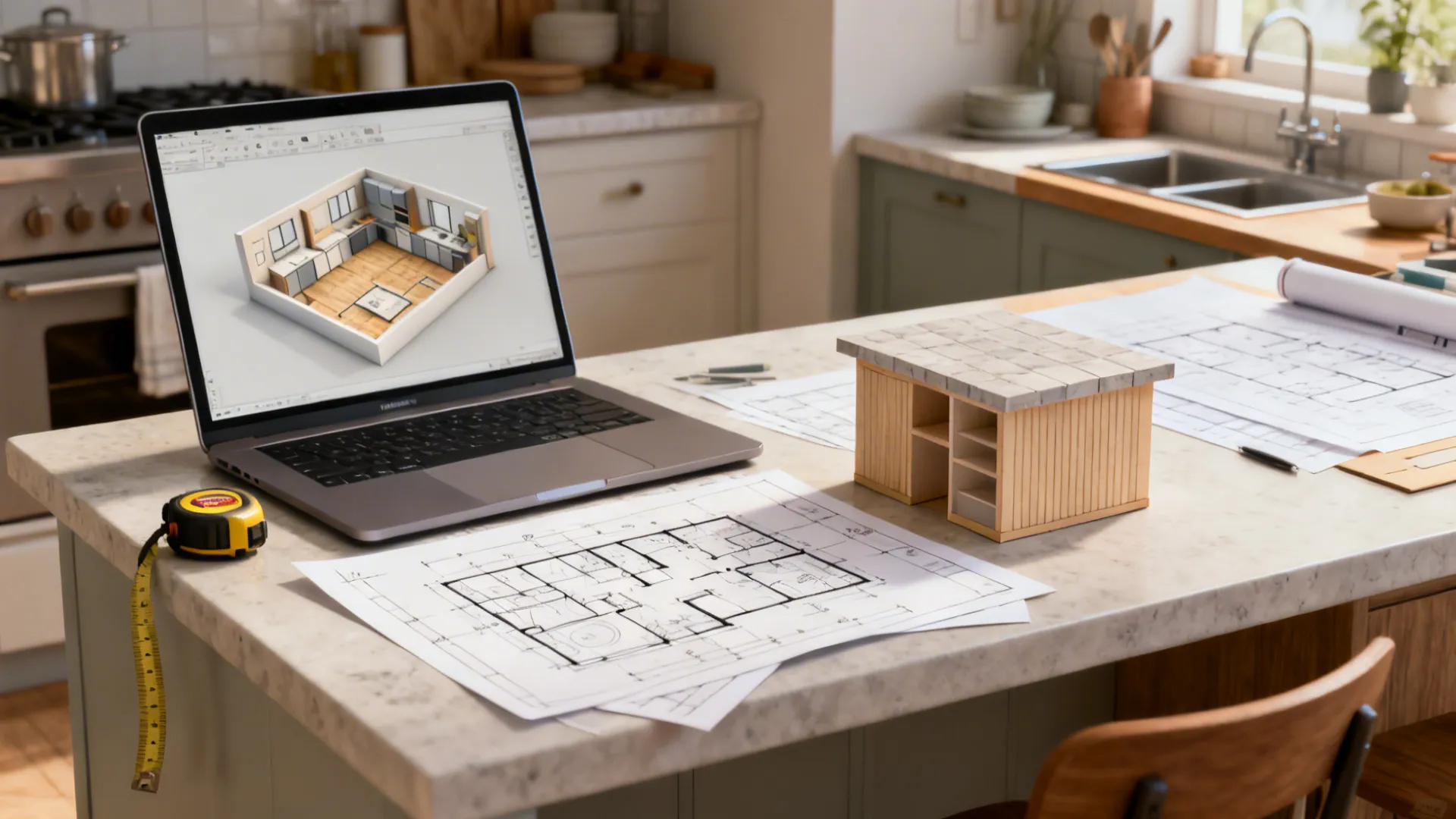 Designer workspace with laptop showing a 3D floor planner, sketches, and a scale model island.