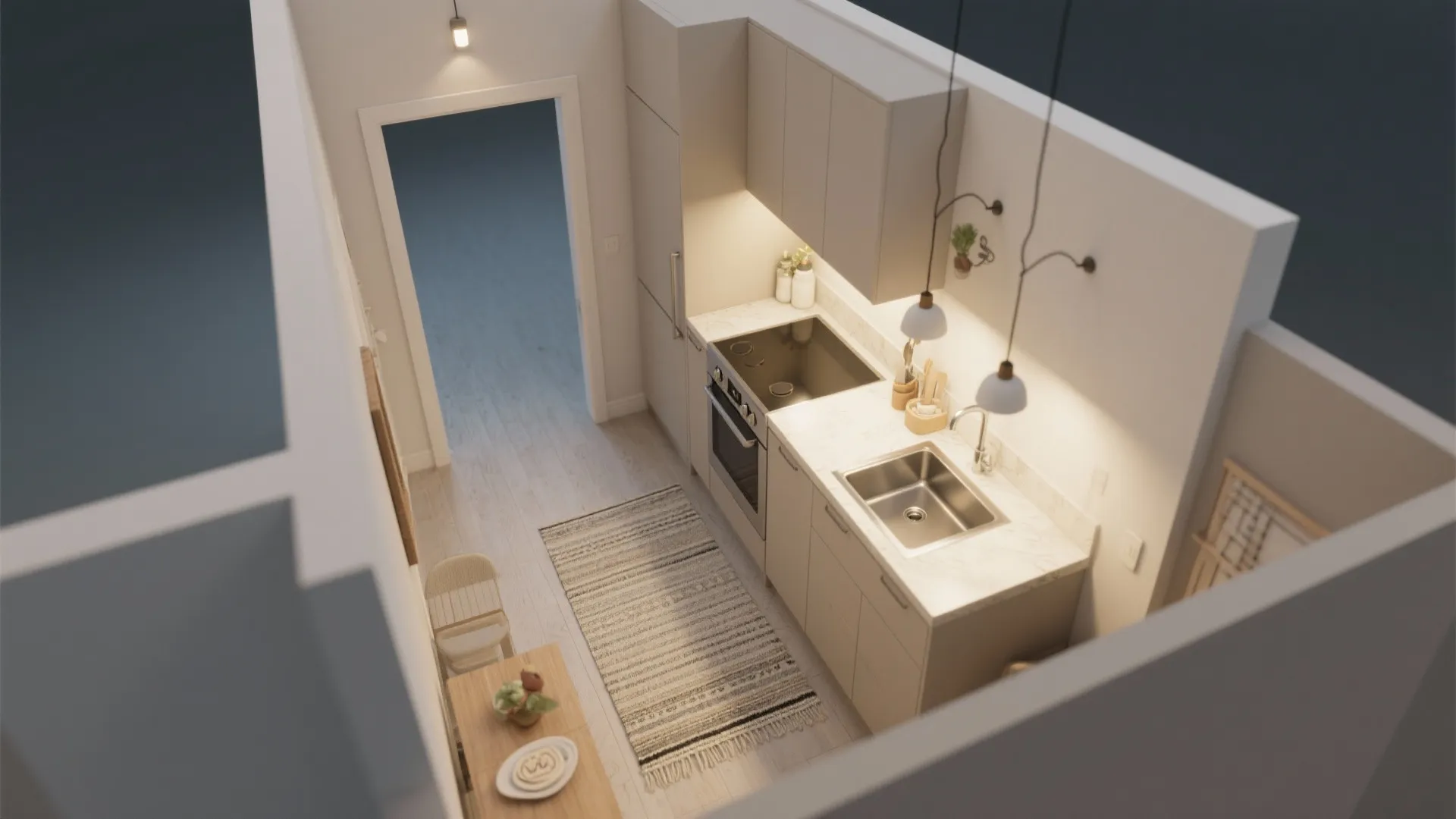 Modern small kitchen interior design with white cabinets marble countertop striped rug and light fixtures