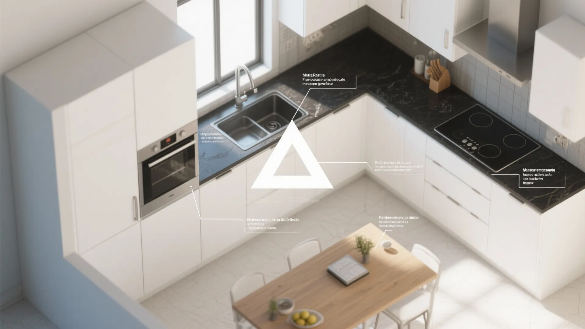 Top-down kitchen layout with triangle workflow and notes for black countertop planning