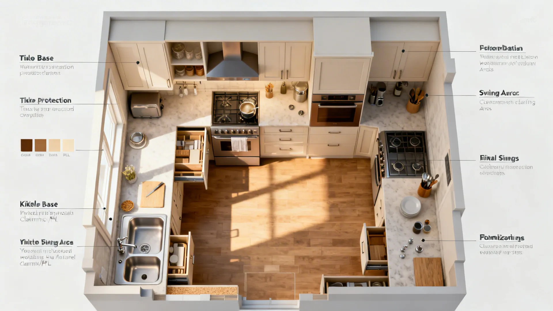 Top-down plan showing cabinet clearances, swing arcs, and material zones for budget kitchens.