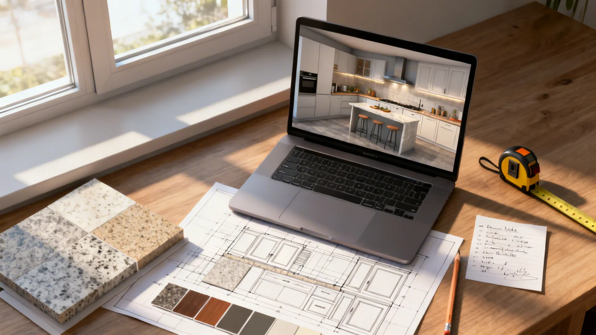 Top-down view of a 3D kitchen planning workspace with laptop mock-up and countertop swatches.