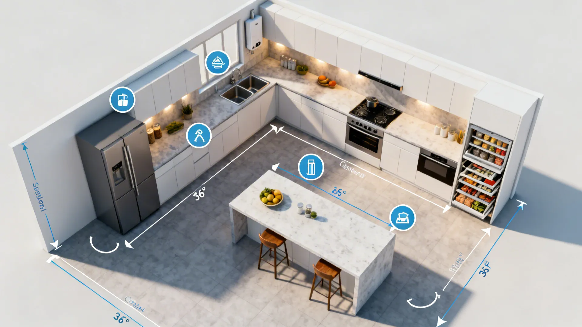 Top-down planning layout showing single-wall and galley options, clearance arcs and storage icons.
