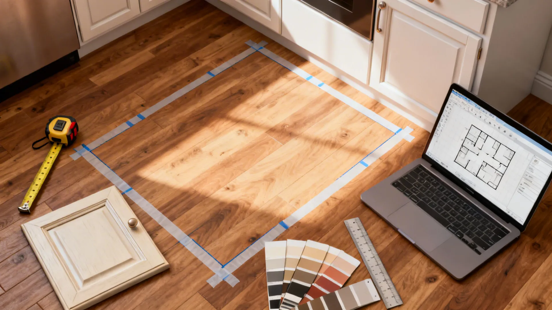 Top-down planning scene with tape measure, swatches and a laptop floor planner for small kitchen layout testing.