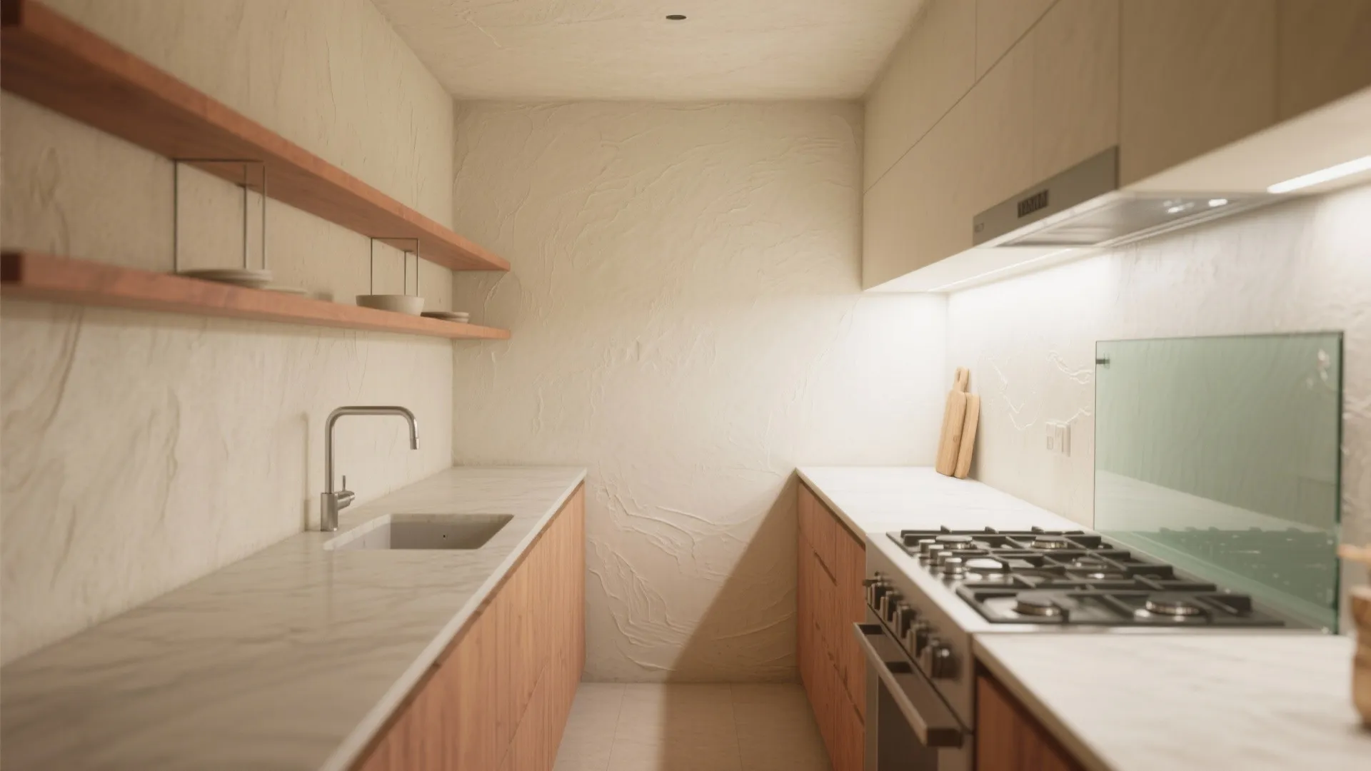 Modern kitchen with textured plaster walls wood cabinets marble counters sink gas stove and shelves