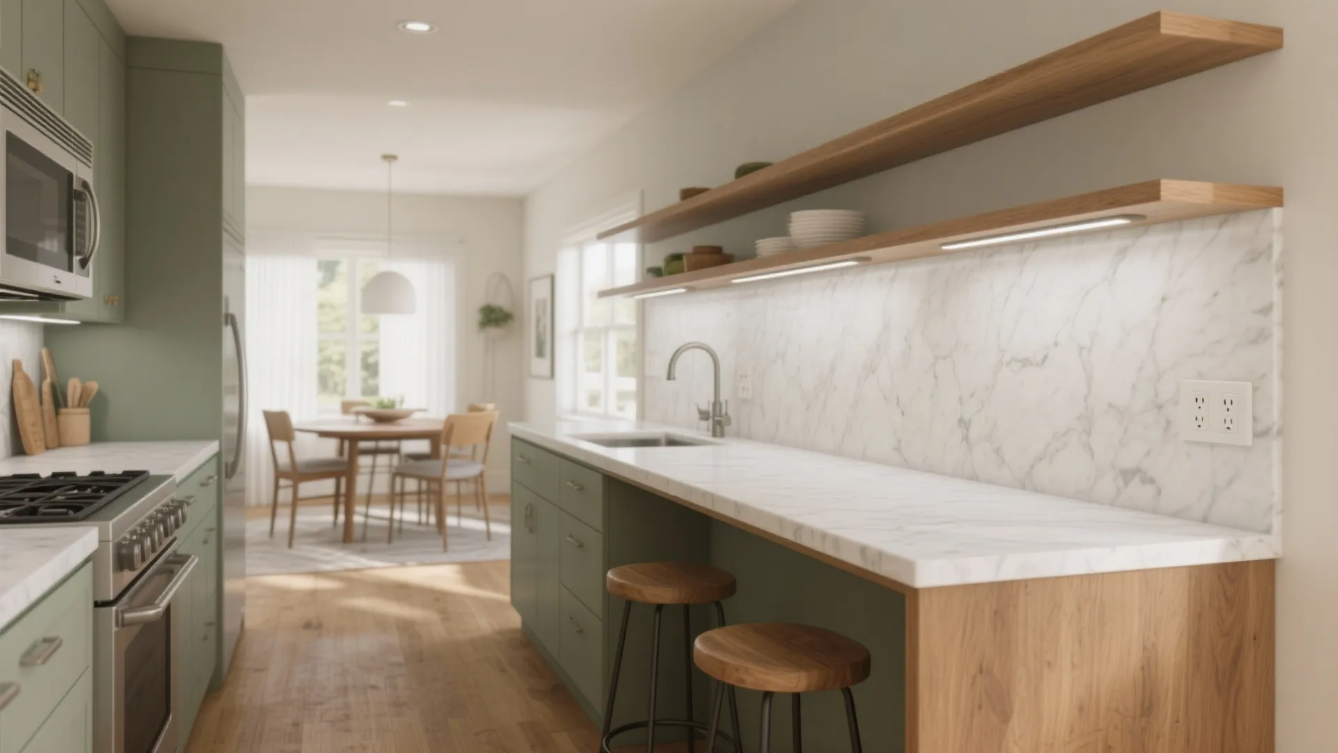 Modern green kitchen with white marble counter wood shelves breakfast bar stools and dining table
