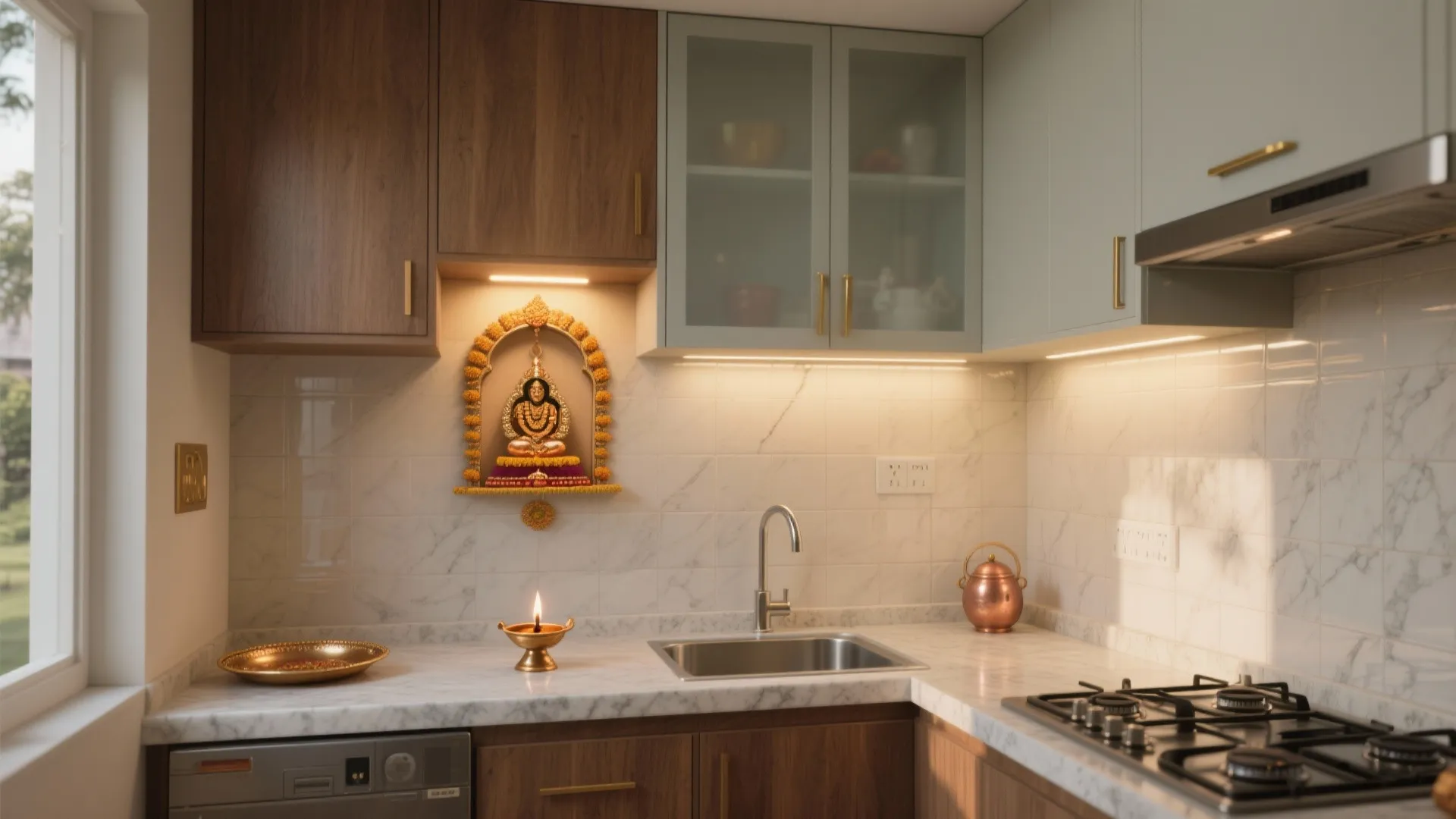 Kitchen interior with wood and grey cabinets marble backsplash and small traditional gold shrine on