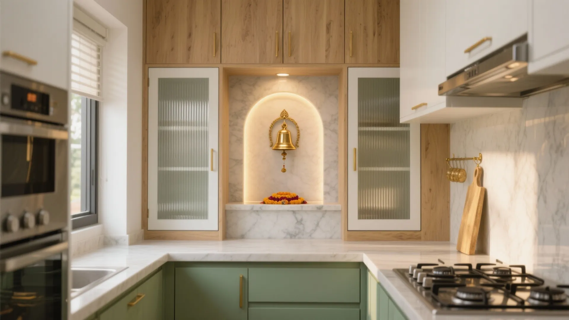 Modern kitchen with green cabinets, marble countertop, wooden storage, and a small central prayer area