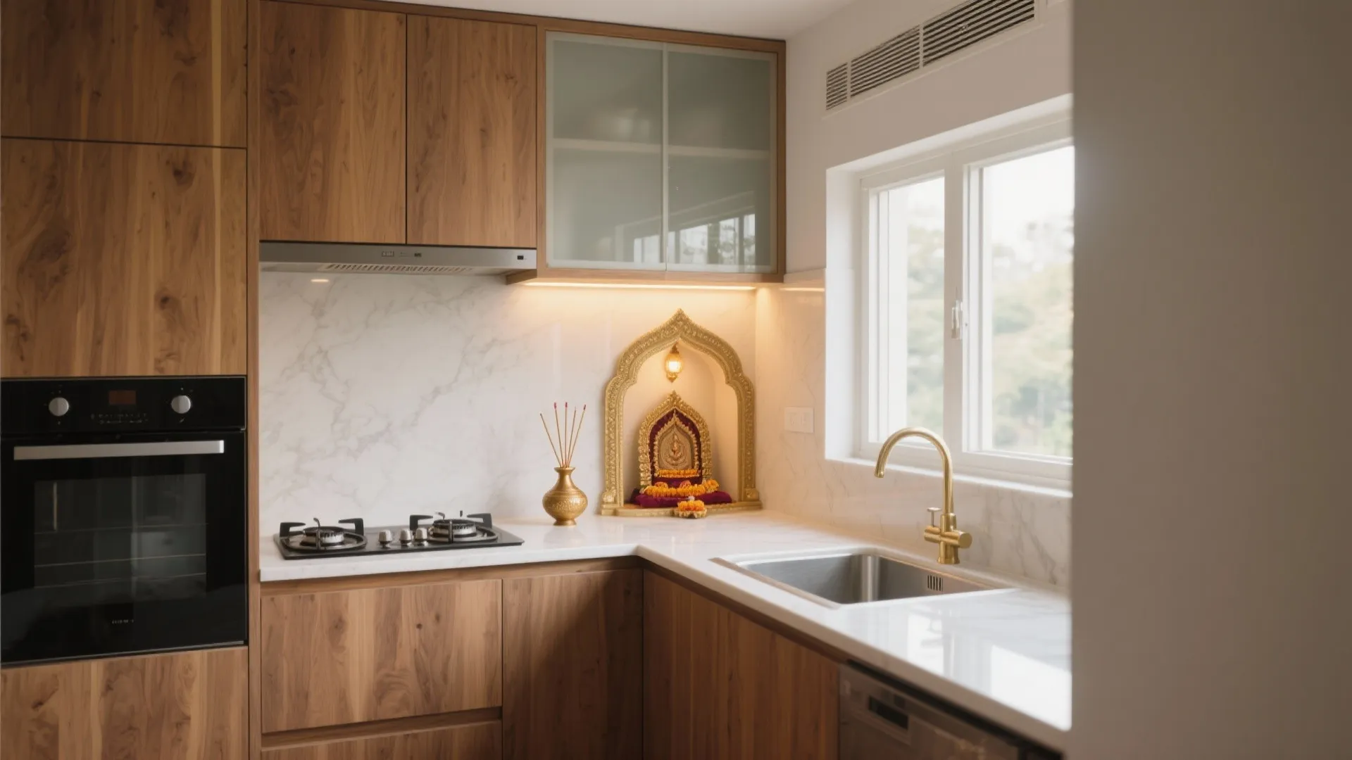 Wooden kitchen cabinets with marble backsplash featuring a small gold prayer altar on white counter