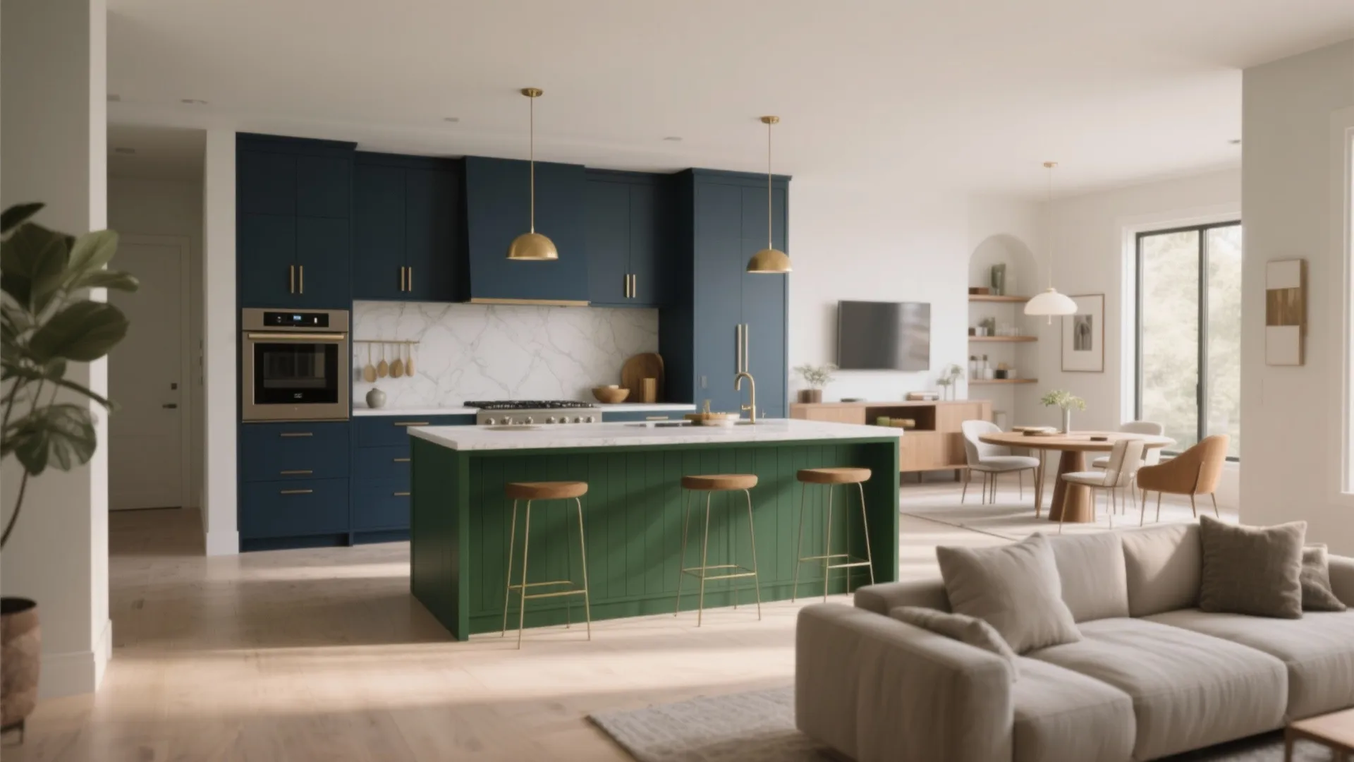 Modern kitchen with blue cabinets green island gold ceiling lights and sofa in living area