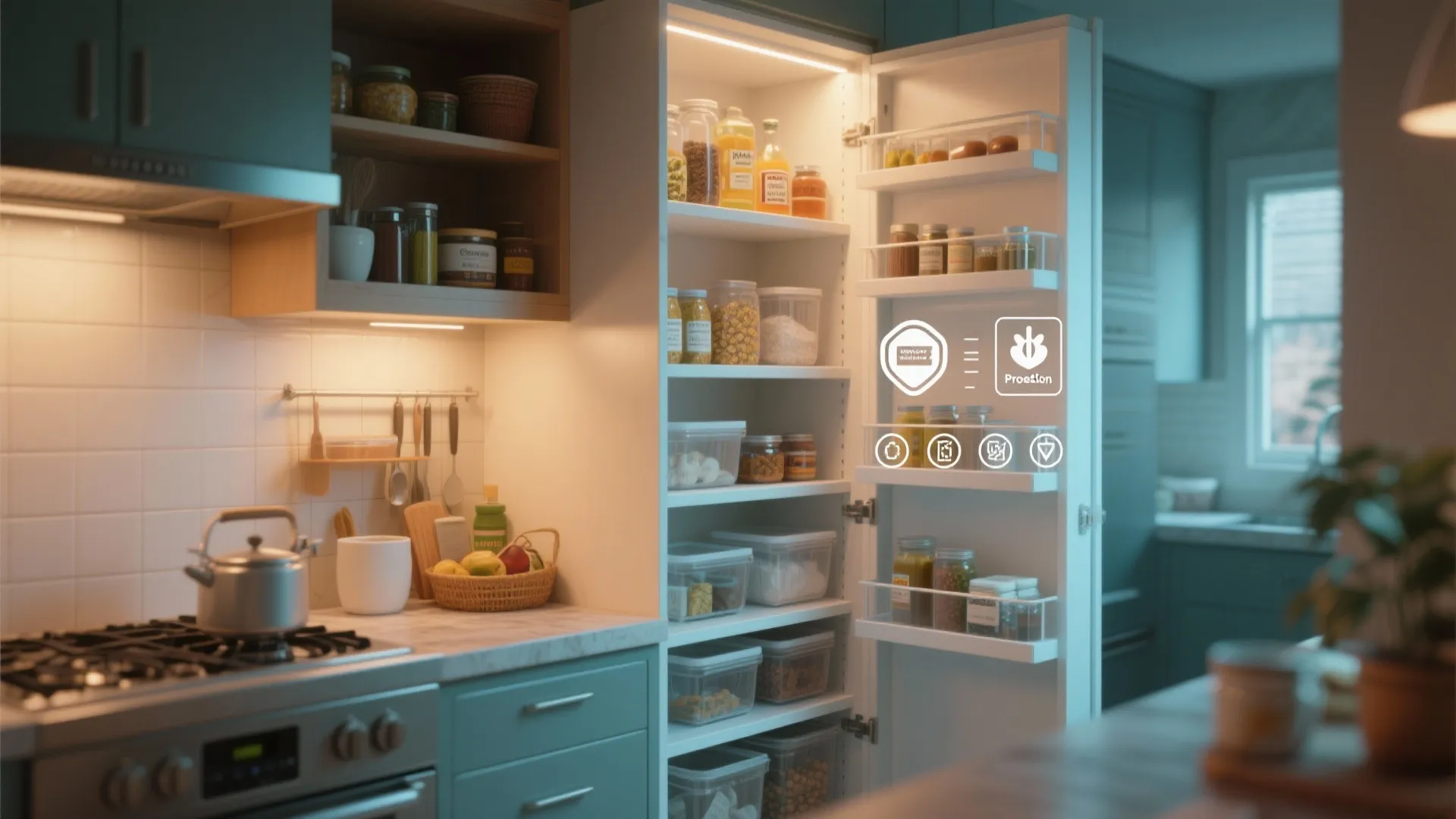 Organized kitchen pantry with sealed containers and integrated lighting illustrating prevention measures.
