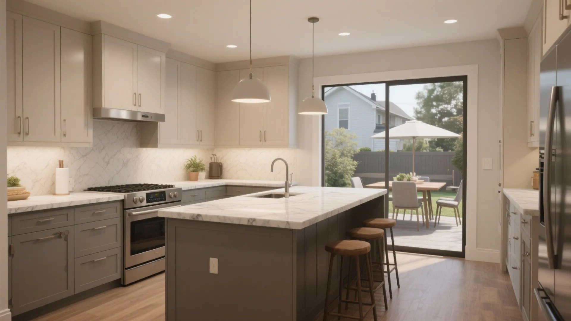 Mid-range kitchen with quartz island and refaced cabinets prioritizing value and function.