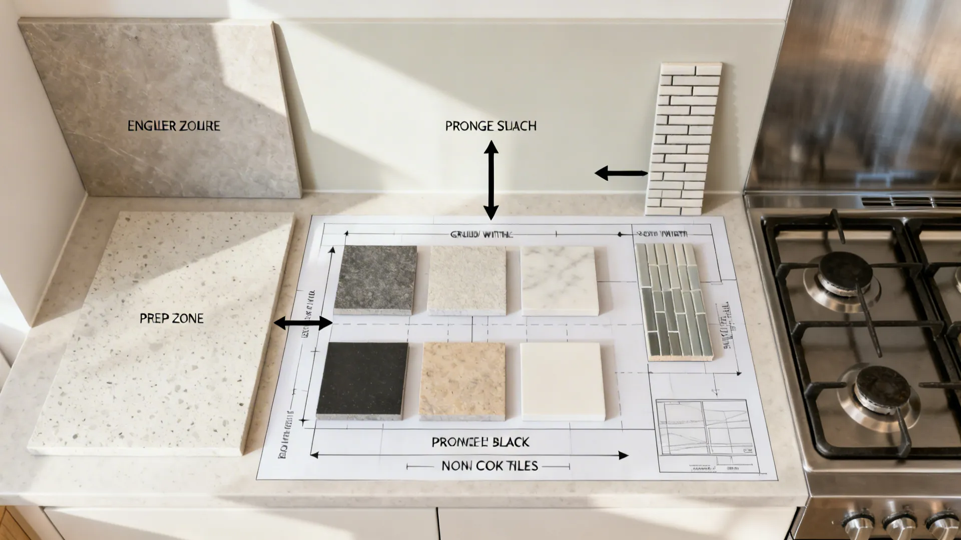 Top-down planning layout showing materials and splash heights for a small kitchen.