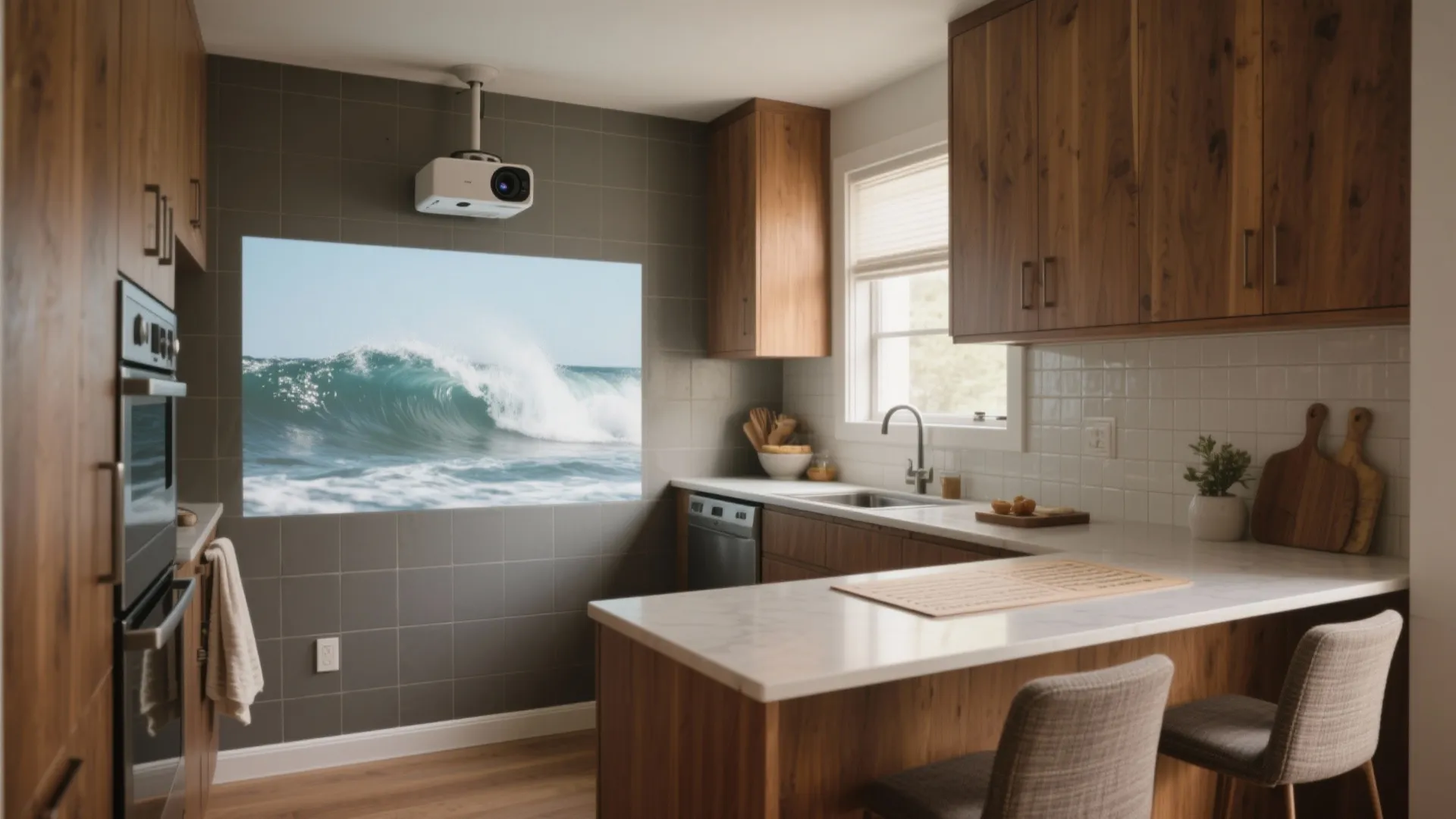 Modern kitchen with wood cabinets and a ceiling projector displaying ocean waves on the wall