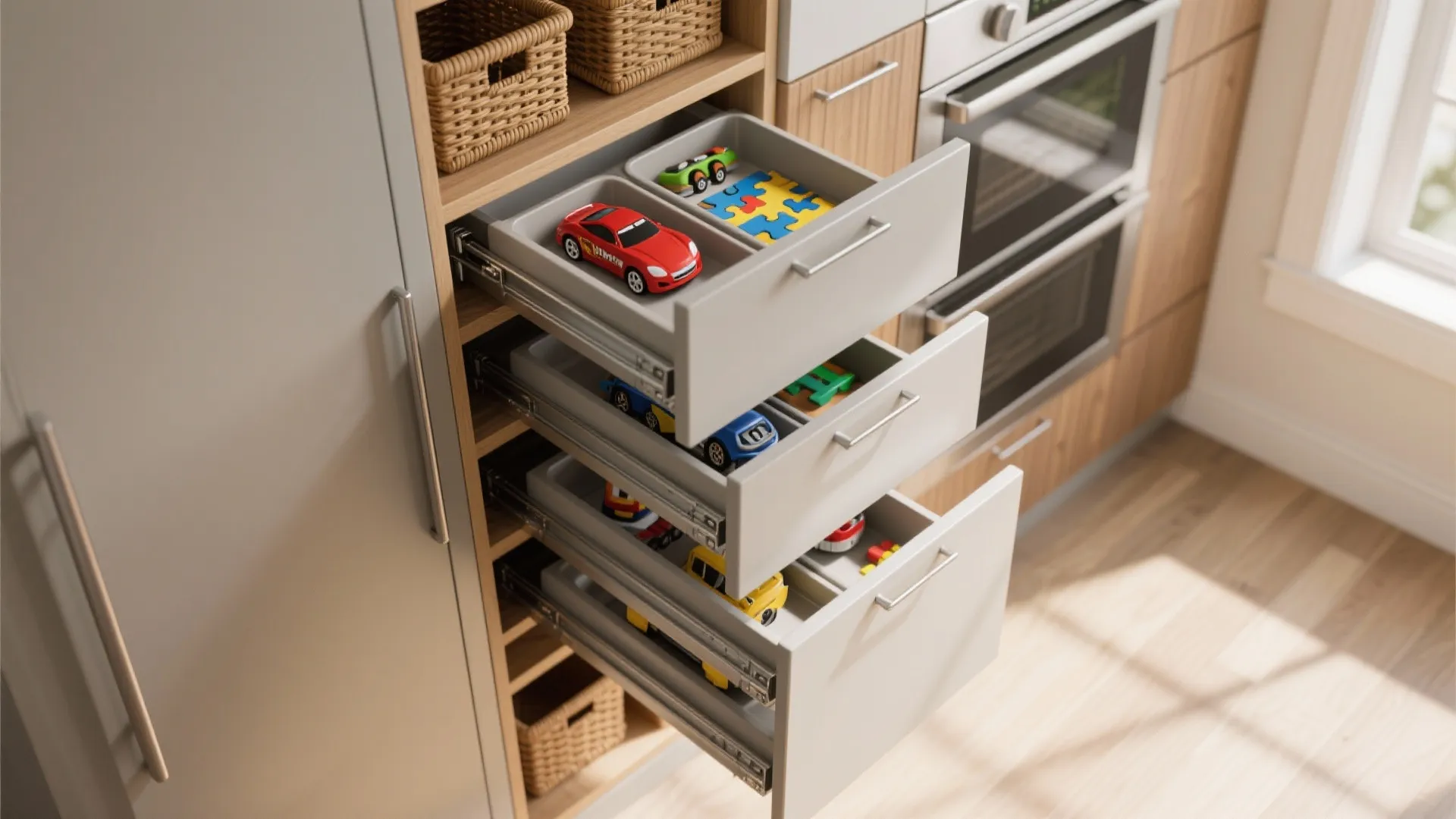Pull out kitchen drawers filled with toy cars and puzzles for organized child friendly home storage