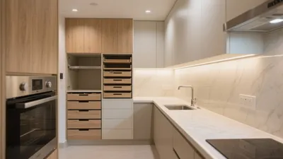 Modern Modular Kitchen with Wood & Marble Finishes