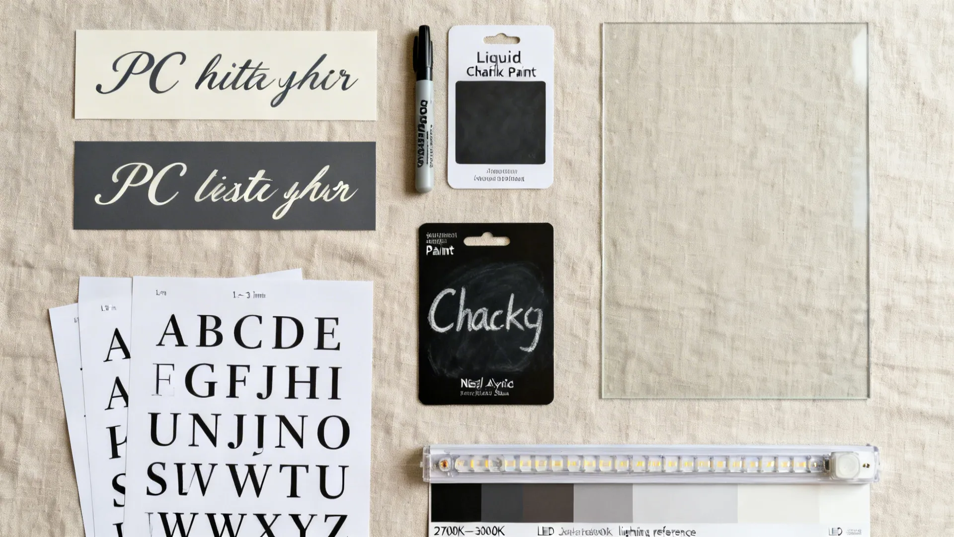 Flatlay of vinyl decals, chalk markers, paint cards, acrylic sheet, LED sample, and font tests.