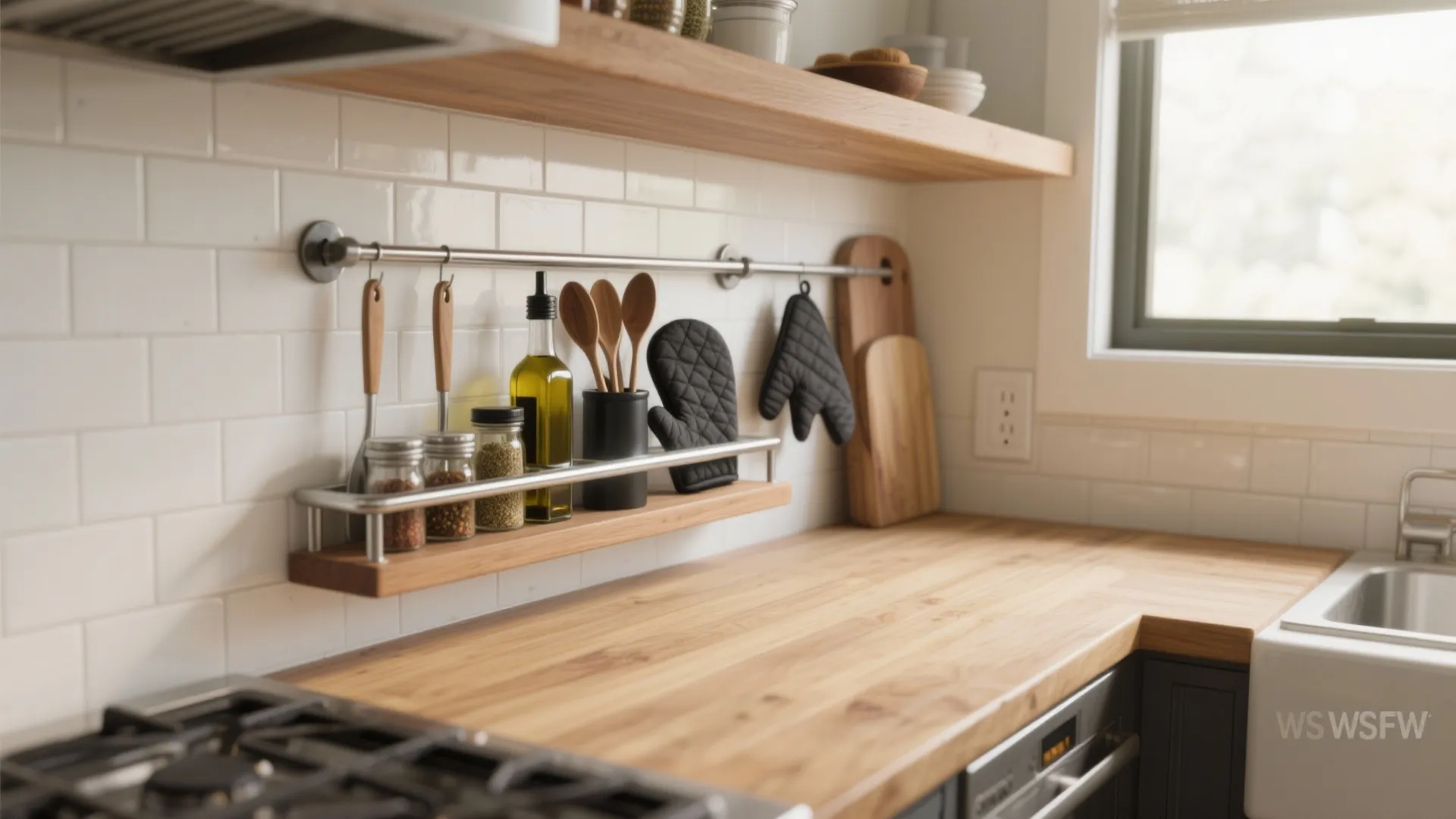 5) Kitchen rail + ledge combo for everyday tools