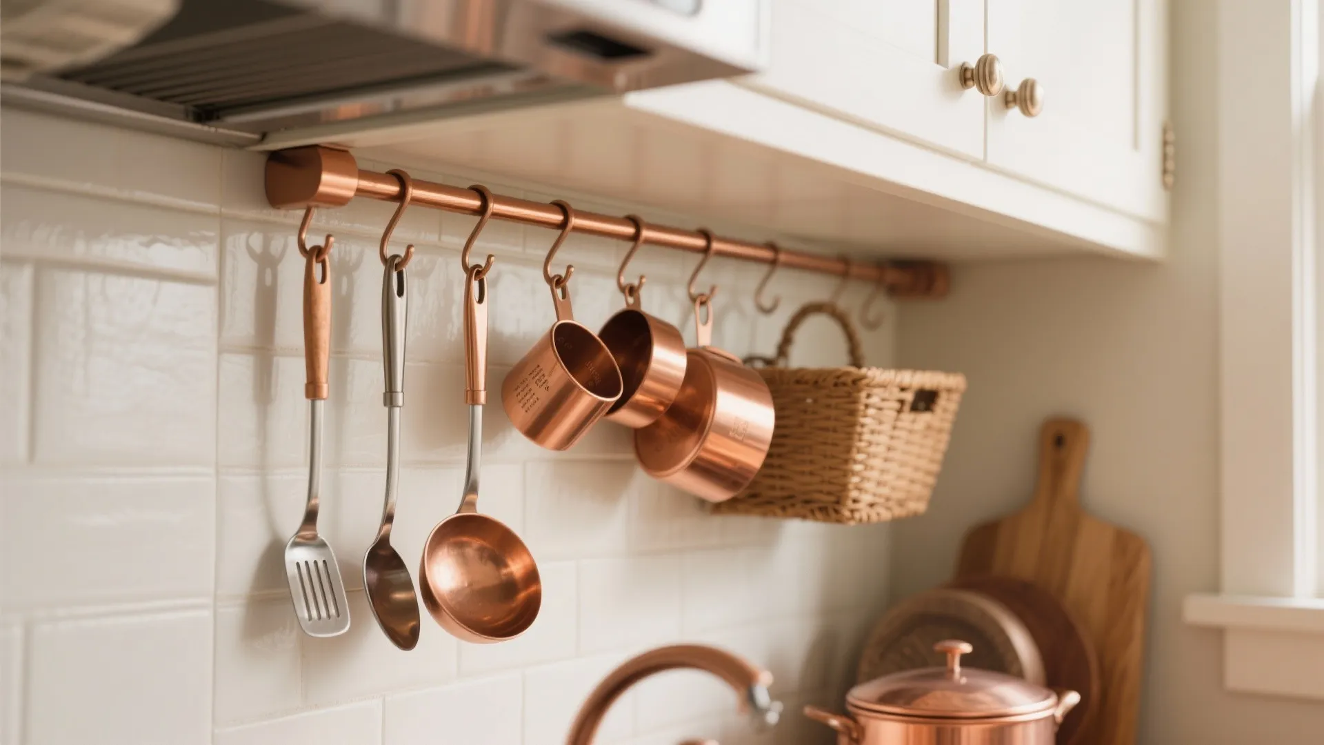 Copper kitchen rail with metal hooks hanging various pots spoons and a small wicker basket