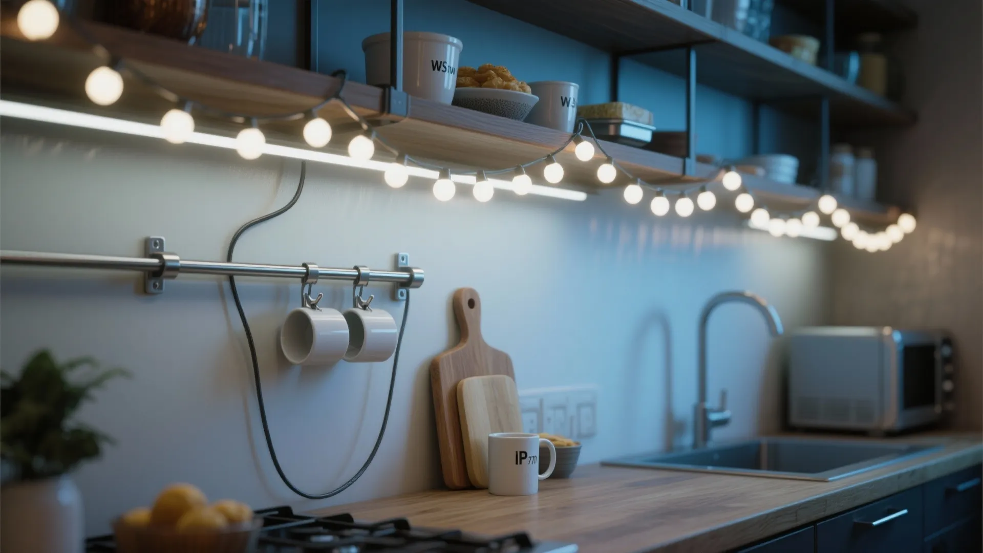 Modern kitchen wooden countertop with string lights under shelves white mugs and small silver oven