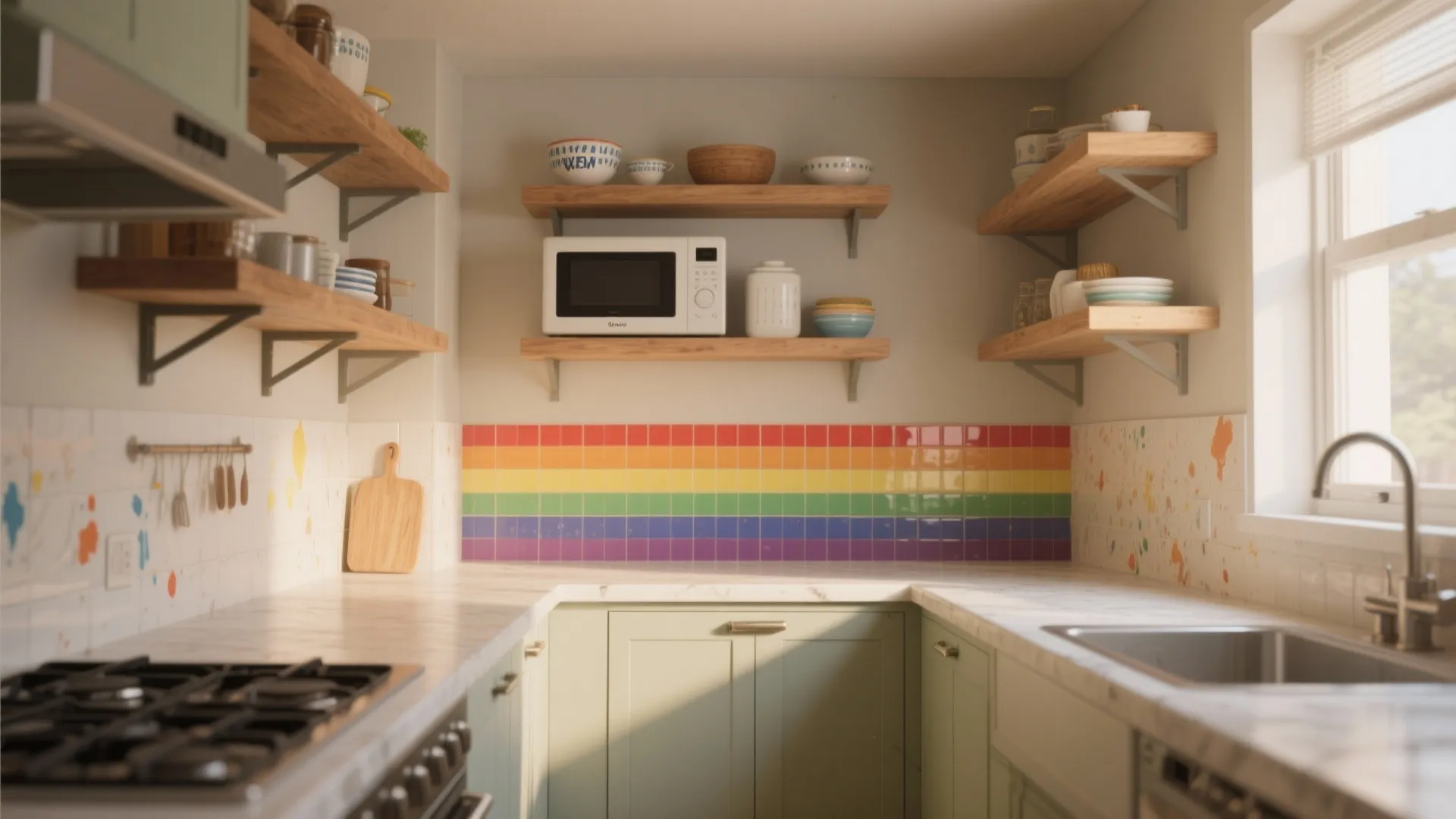 3. Rainbow backsplash or open-shelf back panel