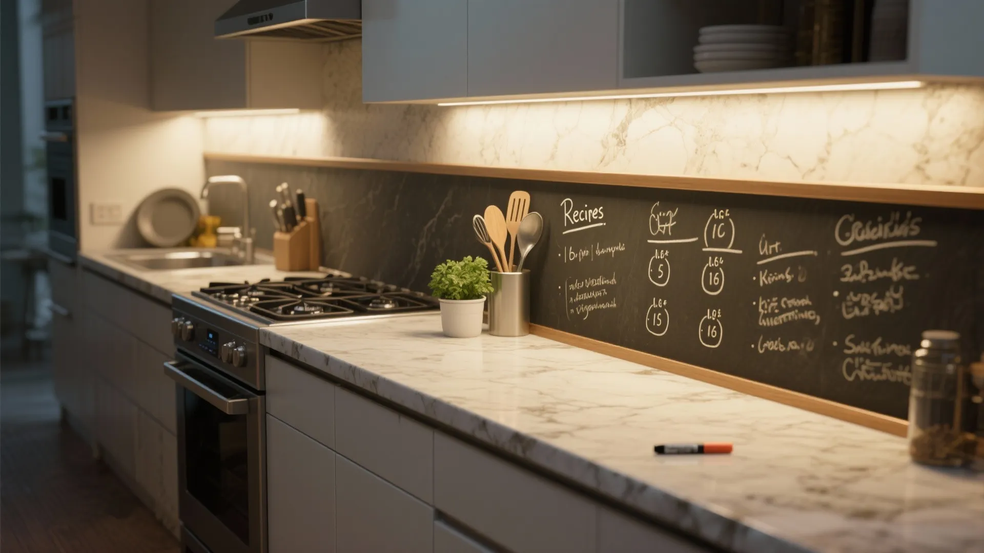 Modern kitchen with marble countertop gas stove and chalkboard backsplash showing handwritten recipes and notes