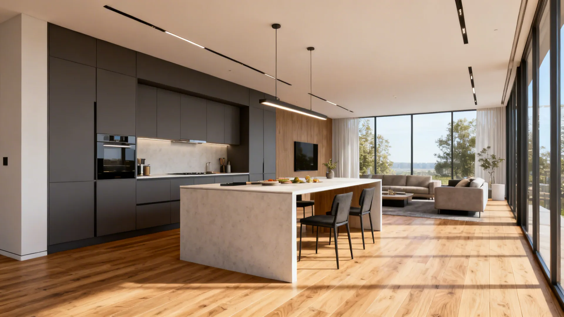 Modern dark kitchen with marble island, wooden floor, ceiling light, and large windows showing trees
