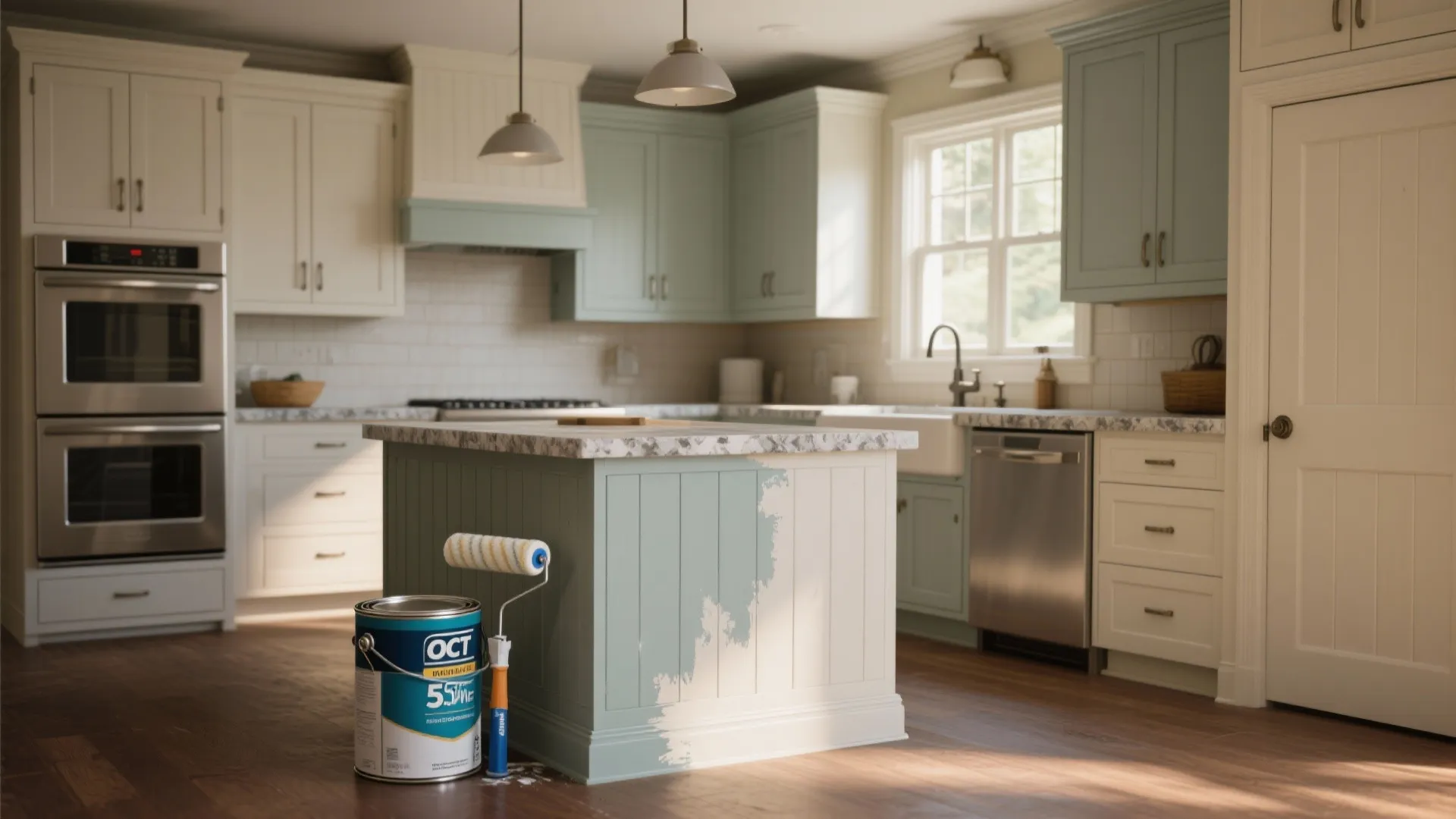 Kitchen island being painted light blue with paint can and roller on wooden floor boards