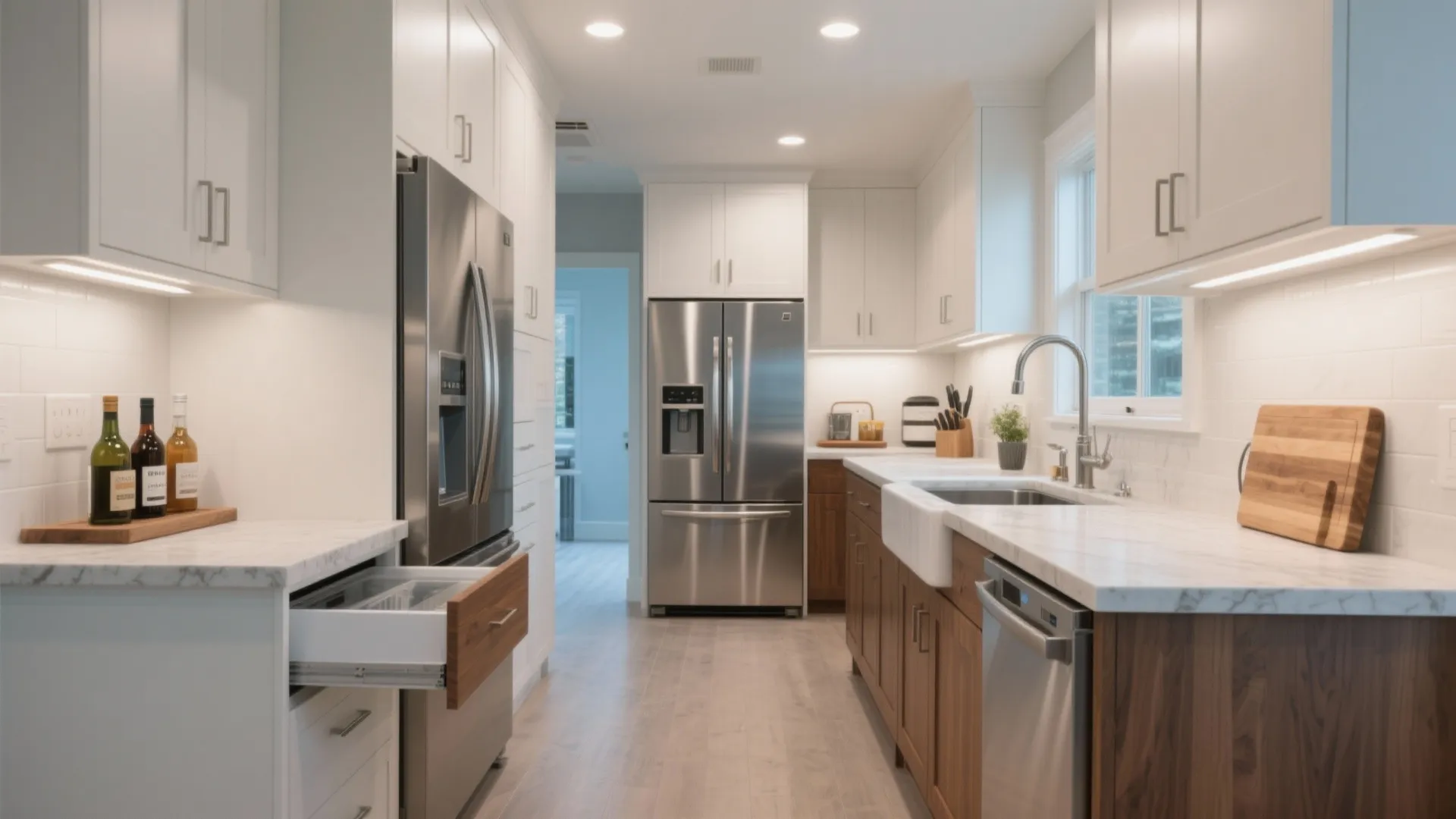 Modern white kitchen with stainless steel fridge wood cabinets marble counters and bright ceiling lights