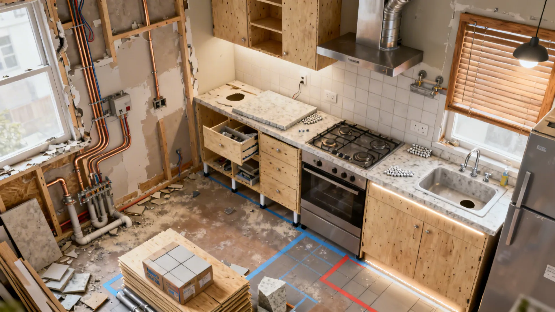 Top-down view of a compact kitchen renovation process from demolition to final lighting.