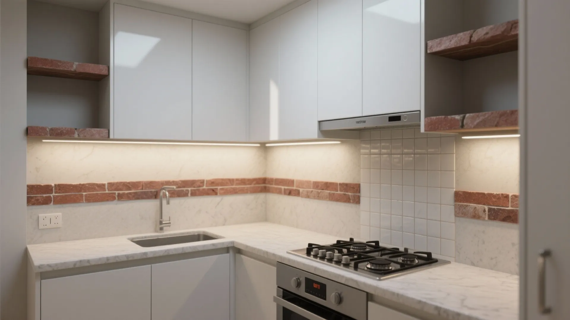 Skinny Laterite Ribbons in a Compact Kitchen