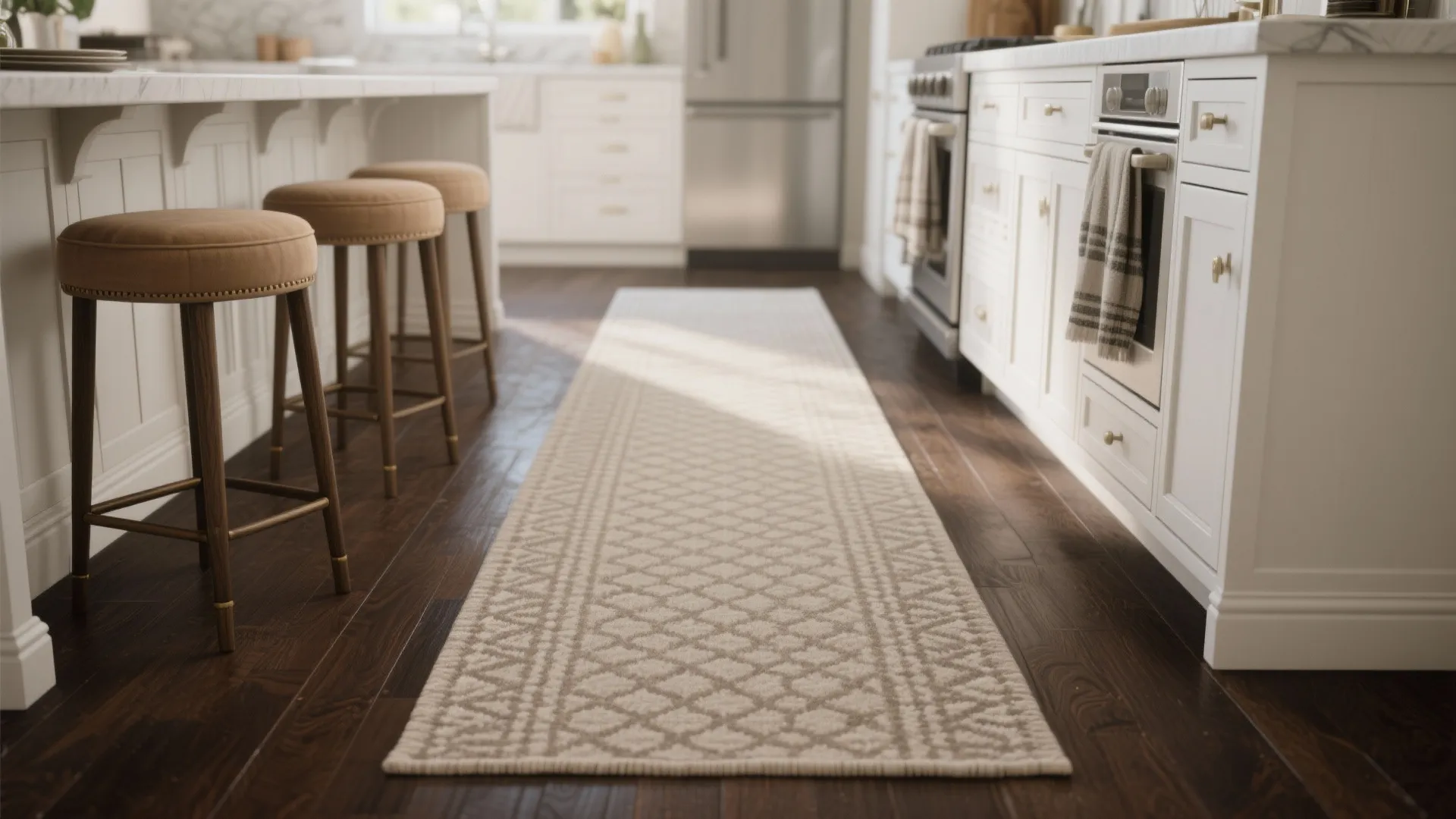 Low-pile neutral runner and upholstered stools soften contrast on dark hardwood with white cabinets.