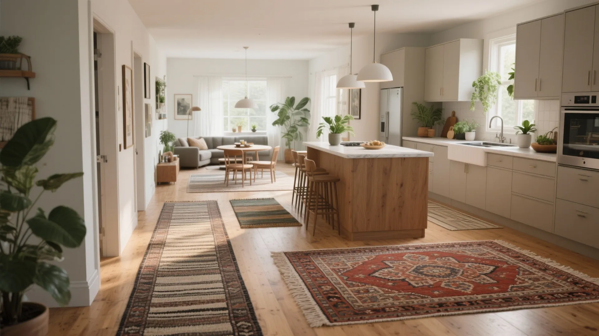 Open plan kitchen and living room featuring multiple decorative rugs to define different functional areas